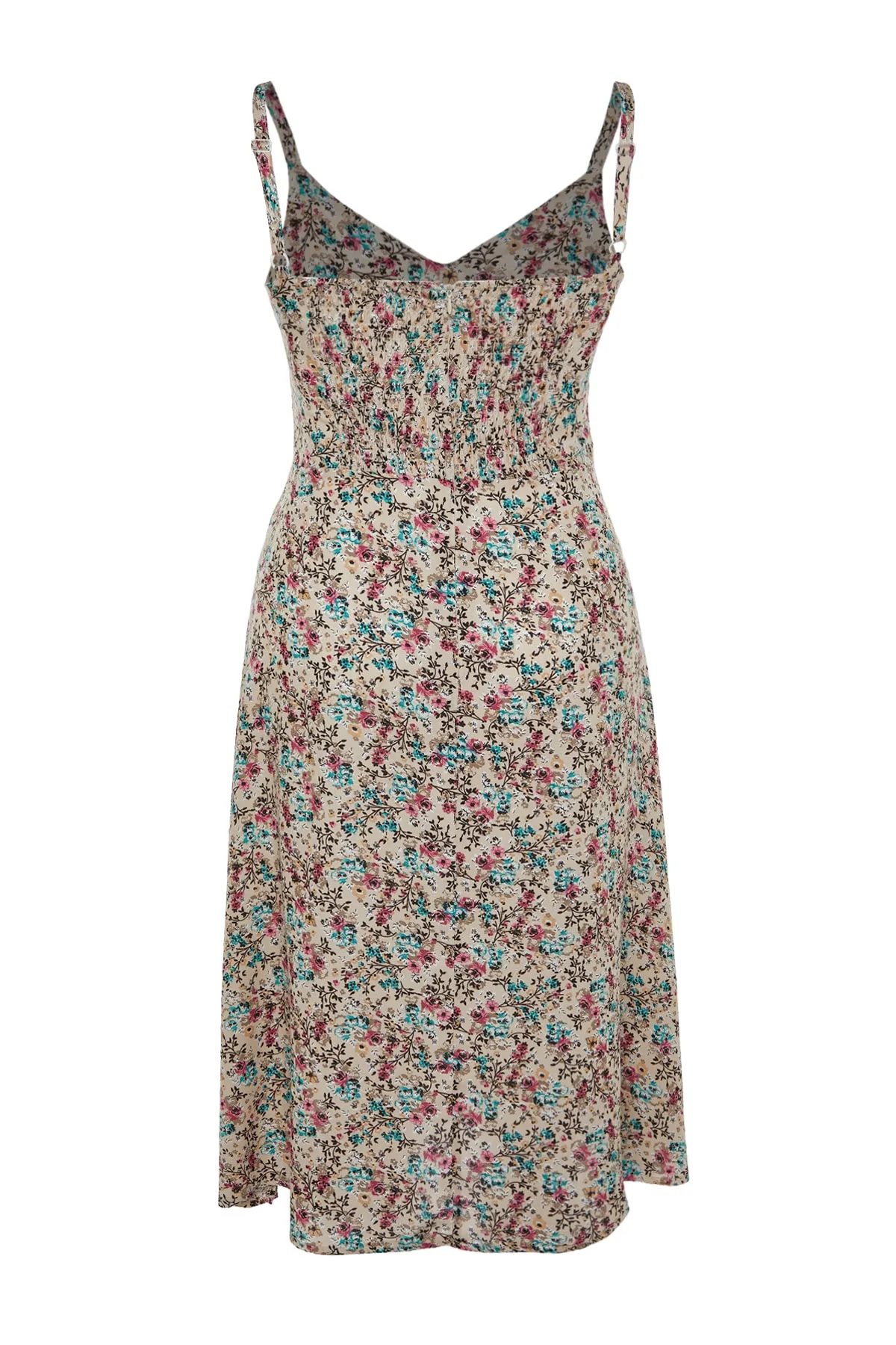 Trendyol Curve  Beigefarbenes Kleid mit gewebten Trägern und Blumenmuster TBBSS22AH0055