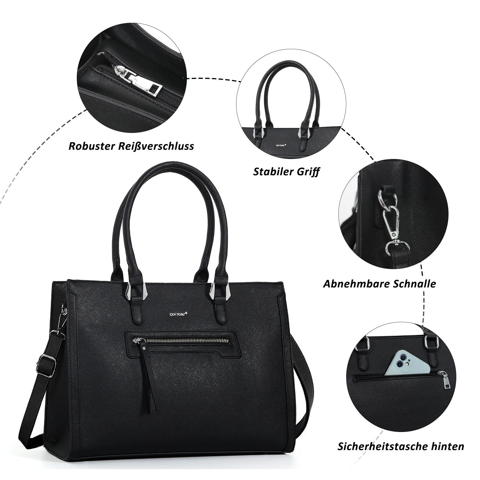 TAN.TOMI Businesstasche Business Handtasche Damen Leder Große Schultertasche Arbeit Schule, Bürotasche Damen 15 Zoll Notebooktasche mit 3 Fächern für Büro Schule