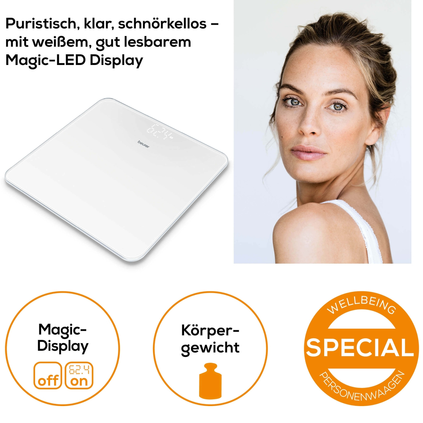Beurer Glaswaage - GS 225-Personenwaage aus Glas mit unsichtbarem Magic-Display - bis 180 kg