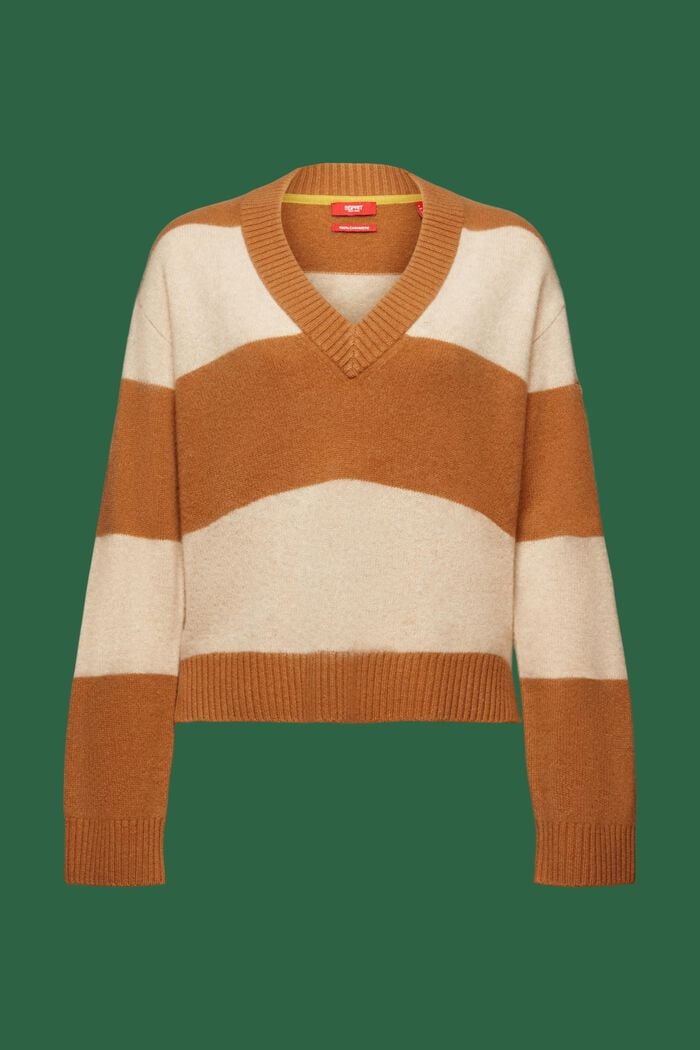 Kaschmirpullover mit Rugbystreifen und V-Ausschnitt