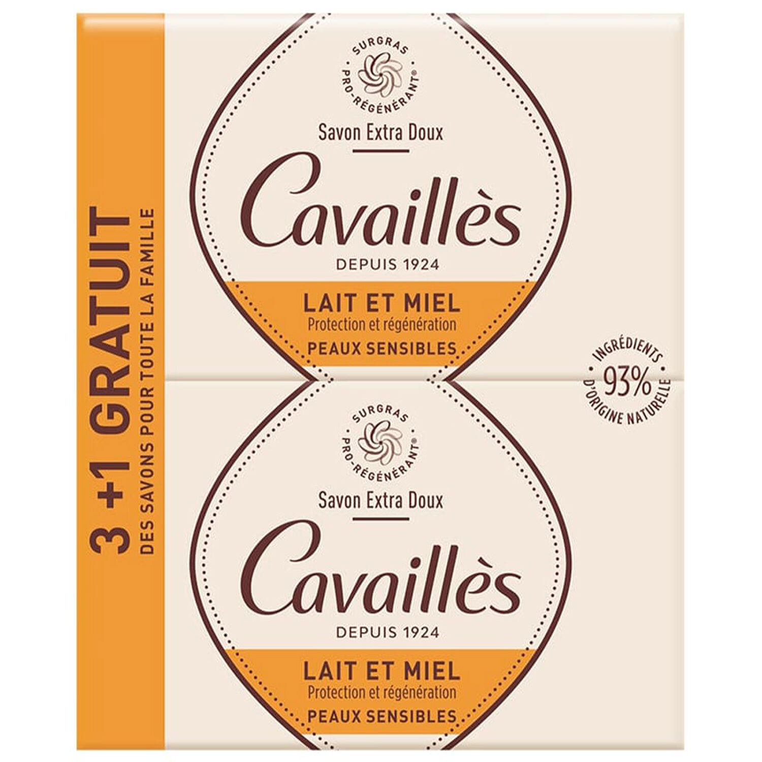Cavaillès Lait et Miel Savon Extra Doux - Lot de 3 x 250 g + 1 Gratuit
