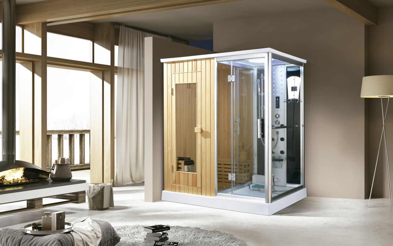 PureHaven finnische Sauna und Dampfdusche 170x120 cm mit Aluminiumrahmen komplettem Zubehör Tropenbrause Sitzfläche Radio Fußmassage Rückenmassage
