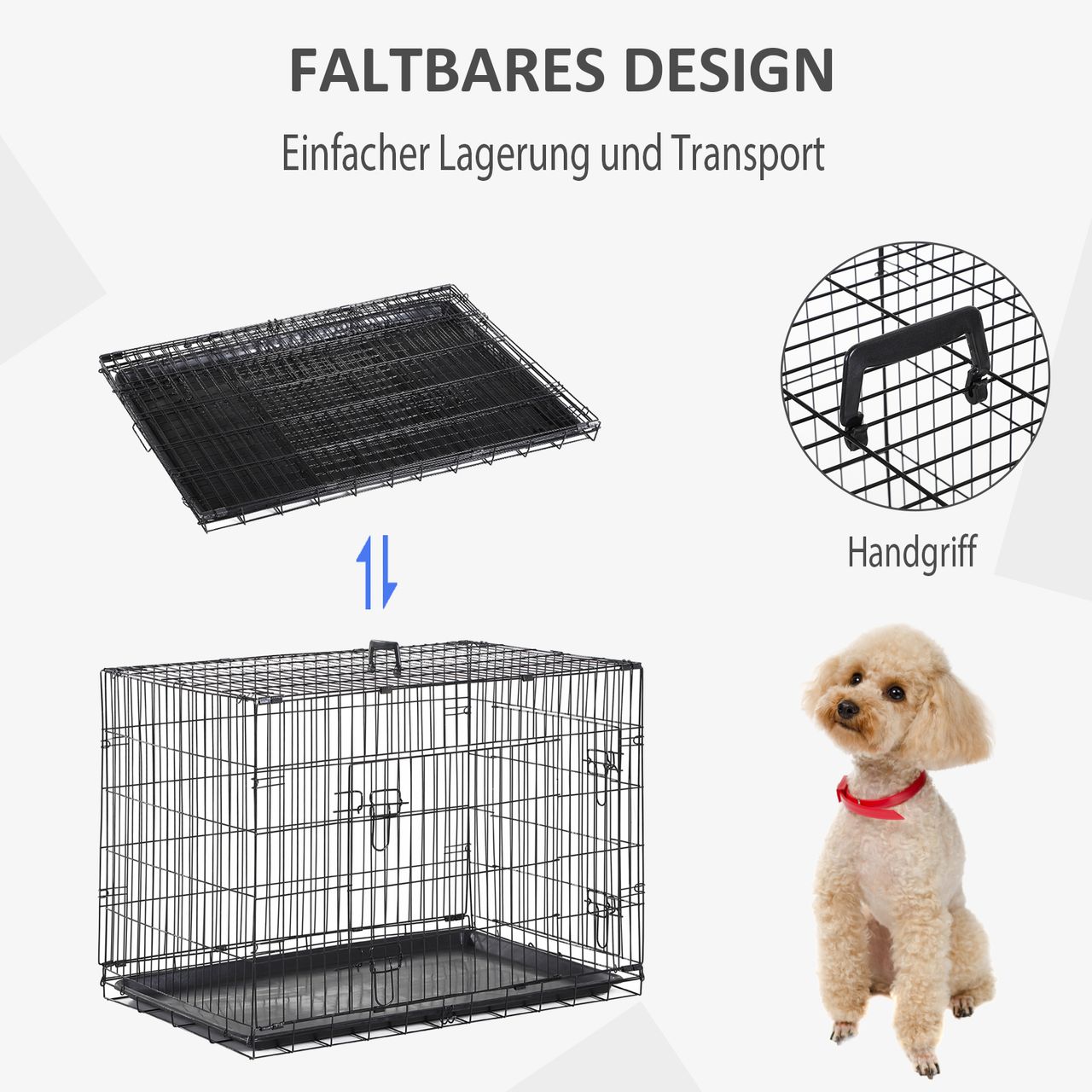 PawHut Hundekäfig Transportkäfig Drahtkäfig mit Gitter Schwarz 92 x 57 x 62,5 cm