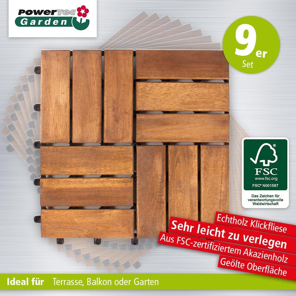 Powertec Garden Massivholz Klickfliesen -Terrassenfliesen für Balkon Akazienholz-Klickfliesen - Geölt, 30 x 30 x 2,4cm, 9 Stück