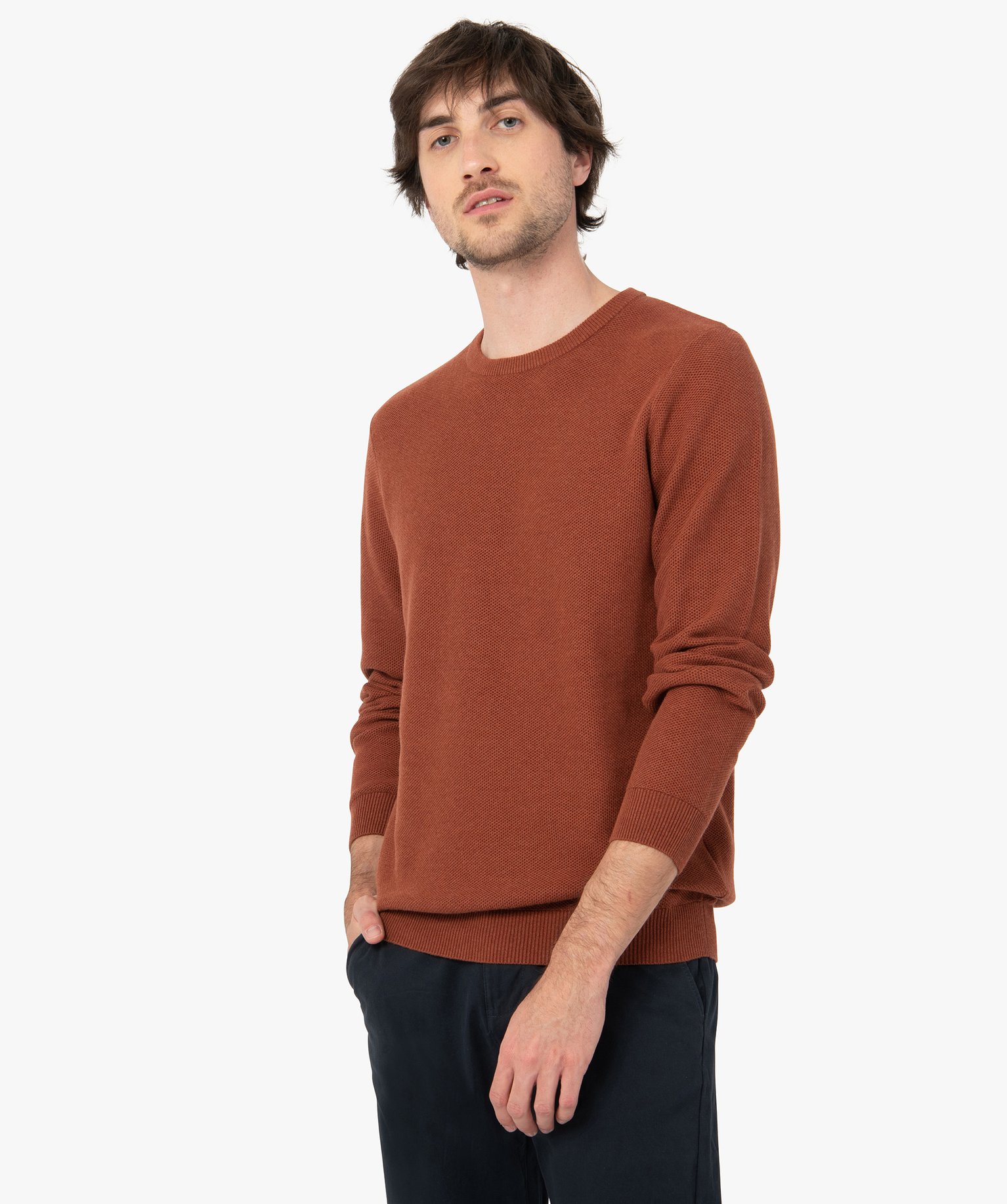 Pull homme uni en maille fantaisie orange | GEMO