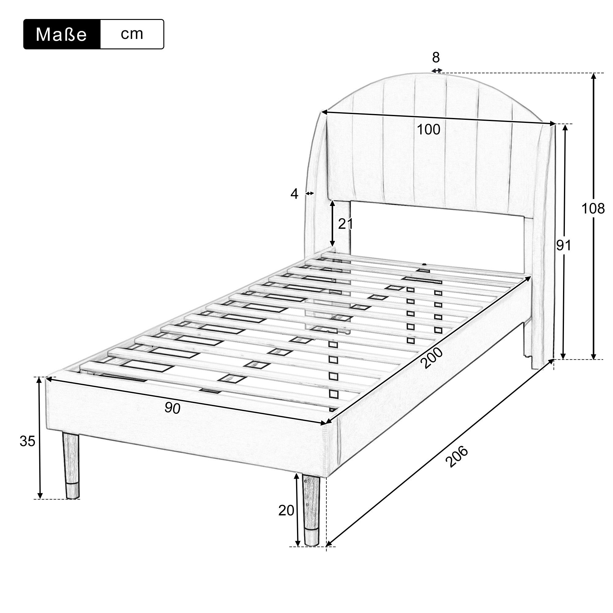 HAUSS SPLOE Polsterbett Polsterbett Einzelbett Funktionsbett Bettrahmen Jugendbett Kinderbett (90*200 mit Lattenrost und Kopfteil ohne Matratze), Holzlattenunterstützung, Einfache Montage