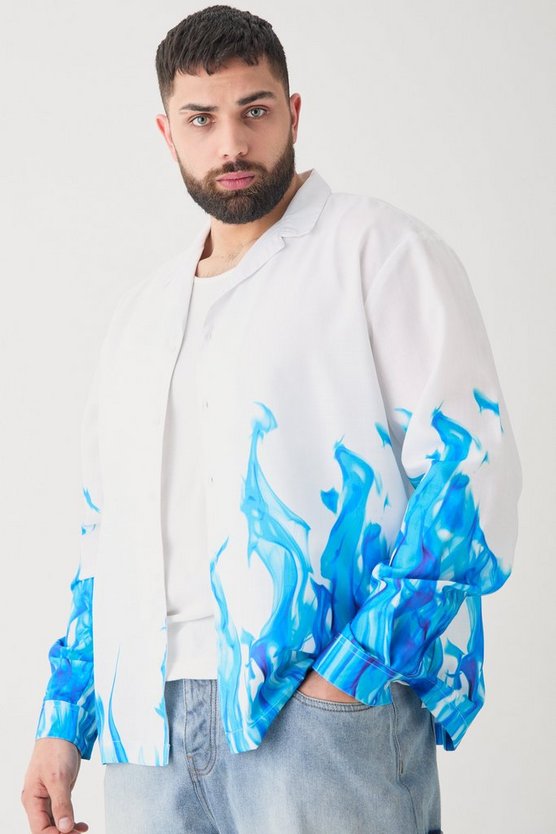 Plus langärmliges Hemd mit Flammen-Print