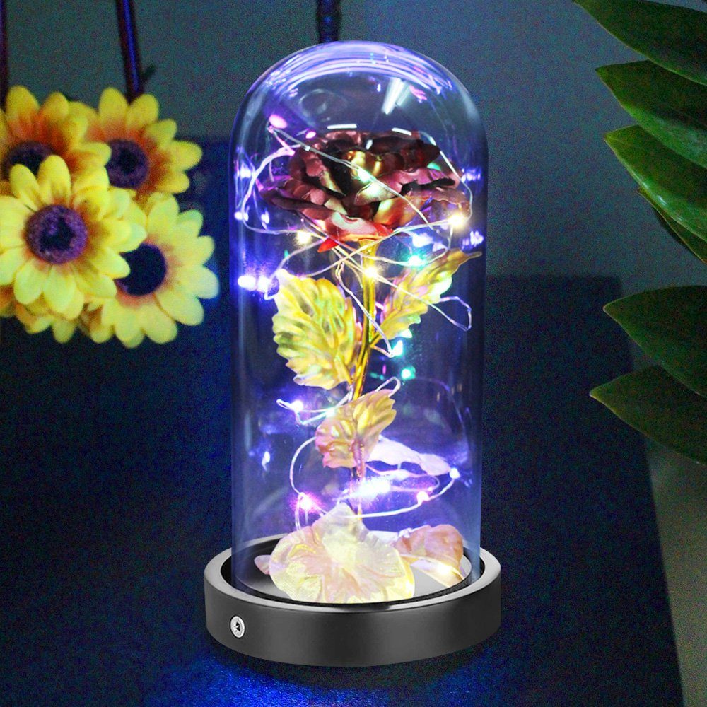 Kunstblume Rose im Glas: Edle Kunst-Rose & Bär, mit LED Lichter,ewige Blumen, Sunicol, Höhe 22 cm, für Hochzeit Muttertag Geburtstag Valentinstag Geschenk