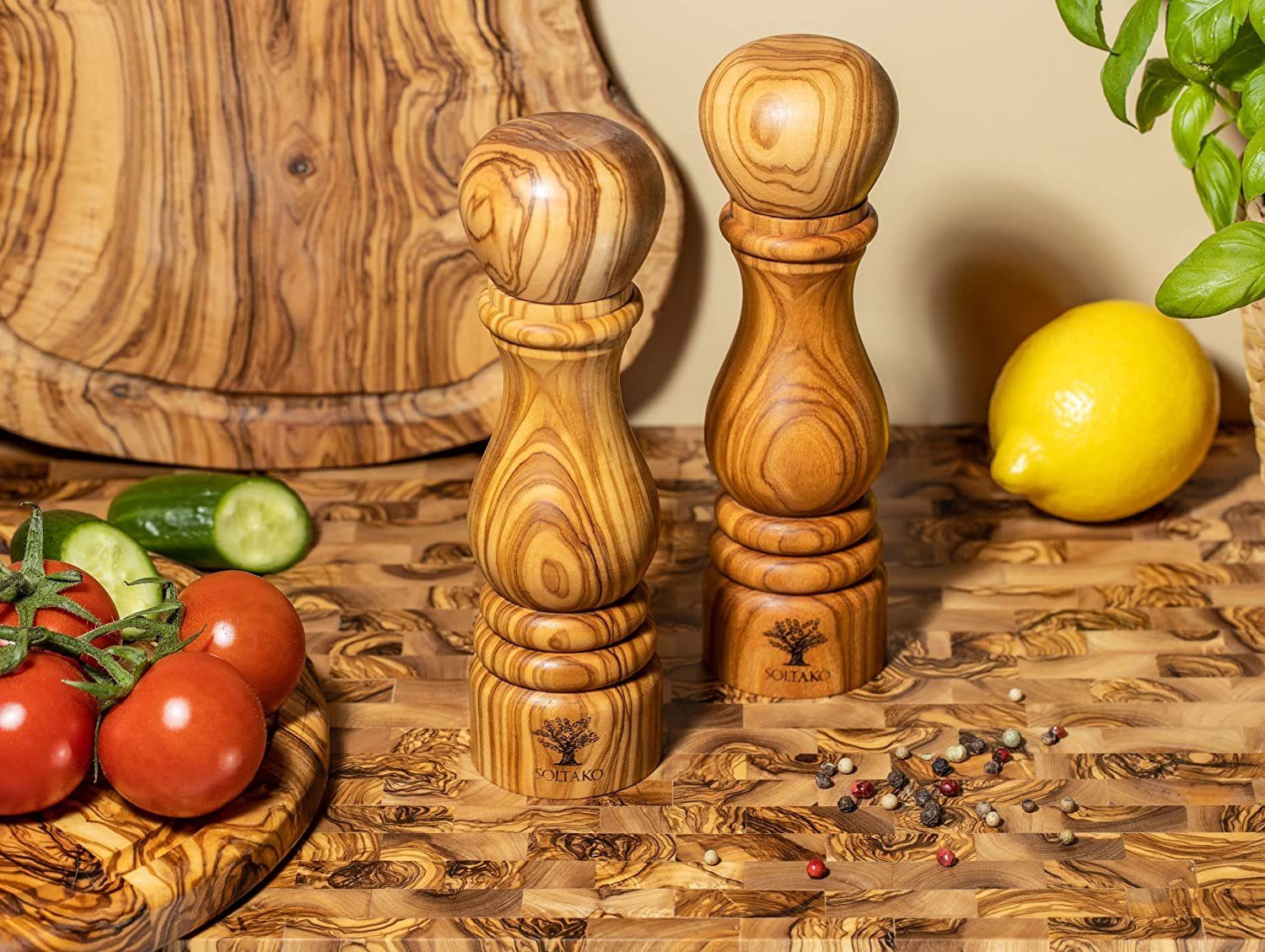 SOLTAKO Salz-/Pfeffermühle Olivenholz Salz und Pfeffermühlen Set 