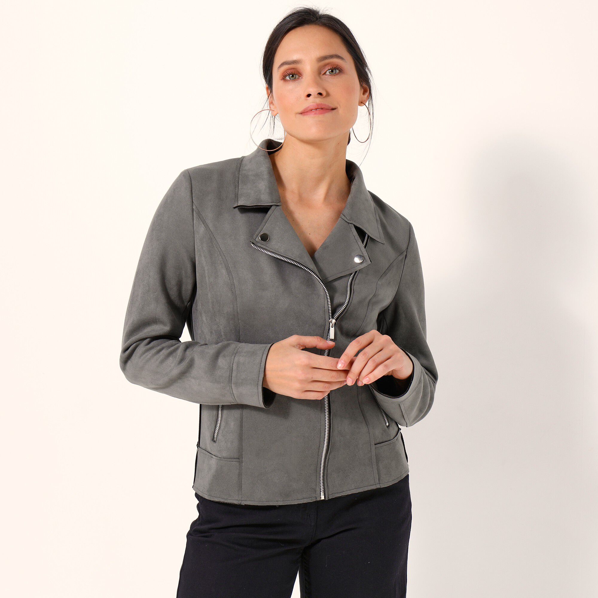 Blouson zippé col tailleur pressionné, suédine