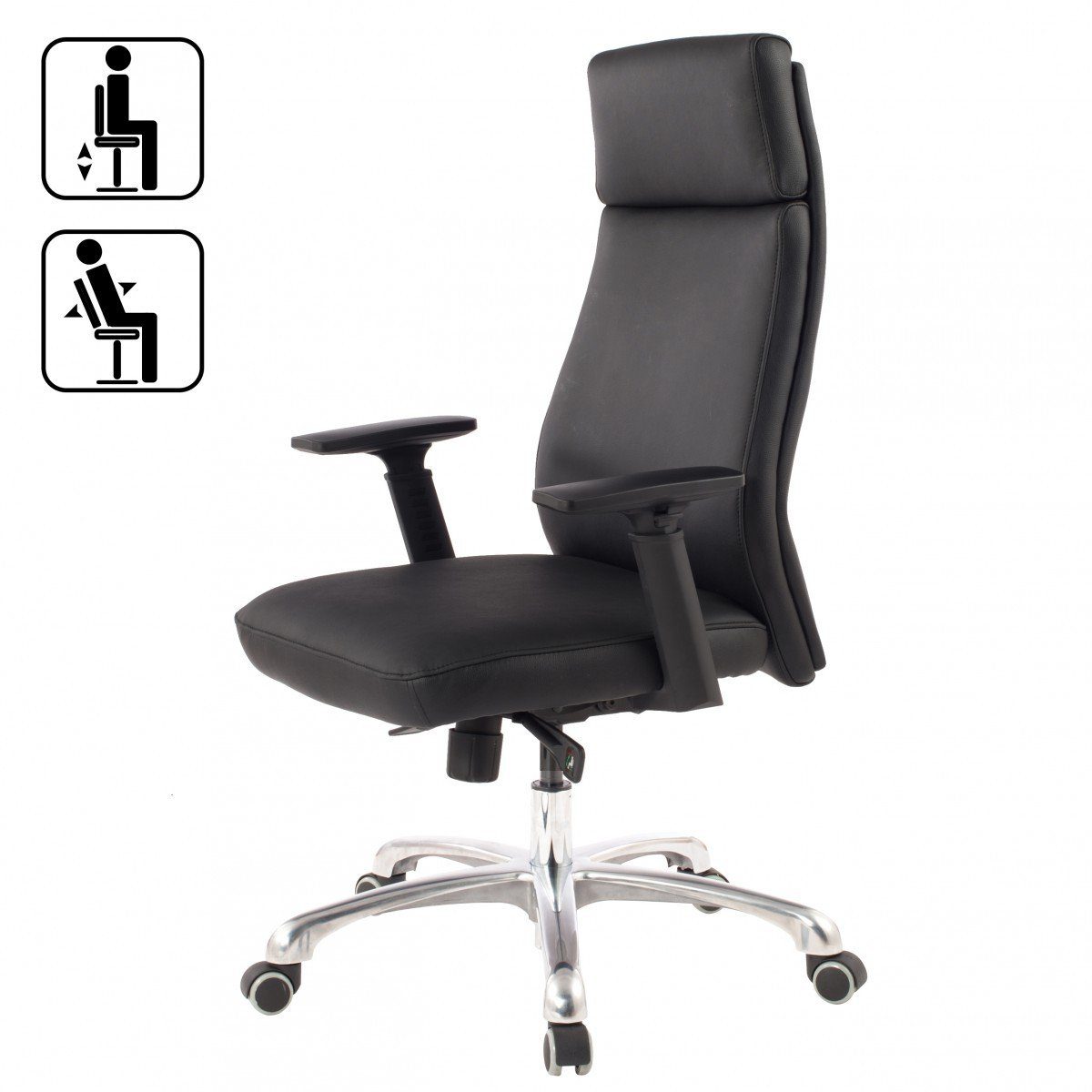 FINEBUY Schreibtischstuhl FB90362 (Echtleder Schwarz Bürostuhl Ergonomisch Kopfstütze), Schreibtischstuhl Drehbar, Drehstuhl Wippfunktion