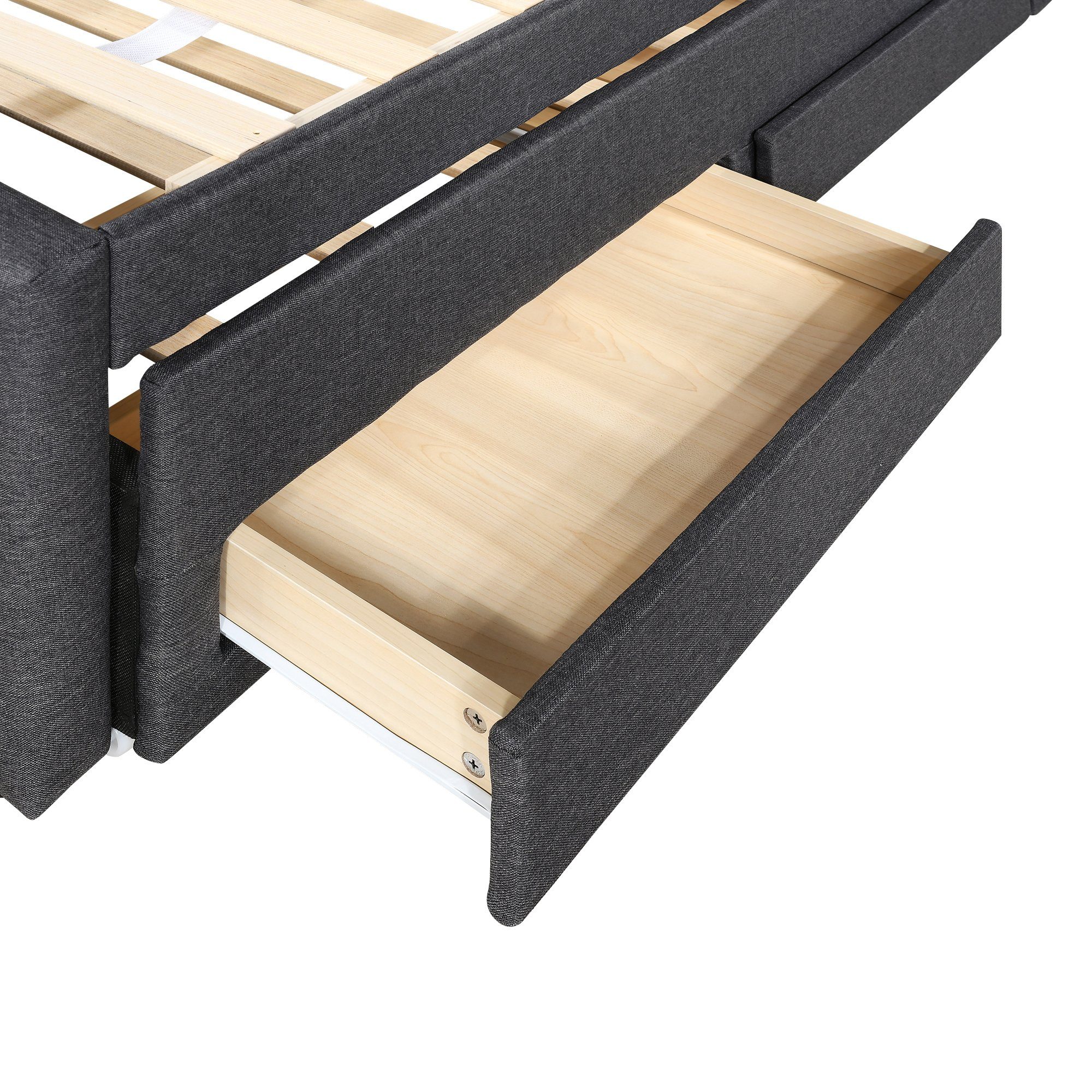 Ulife Polsterbett Doppelbett ausziehbares Bett Familienbett, Verstellbares Kopfteil, mit drei Schubladen, 90 x 200 cm