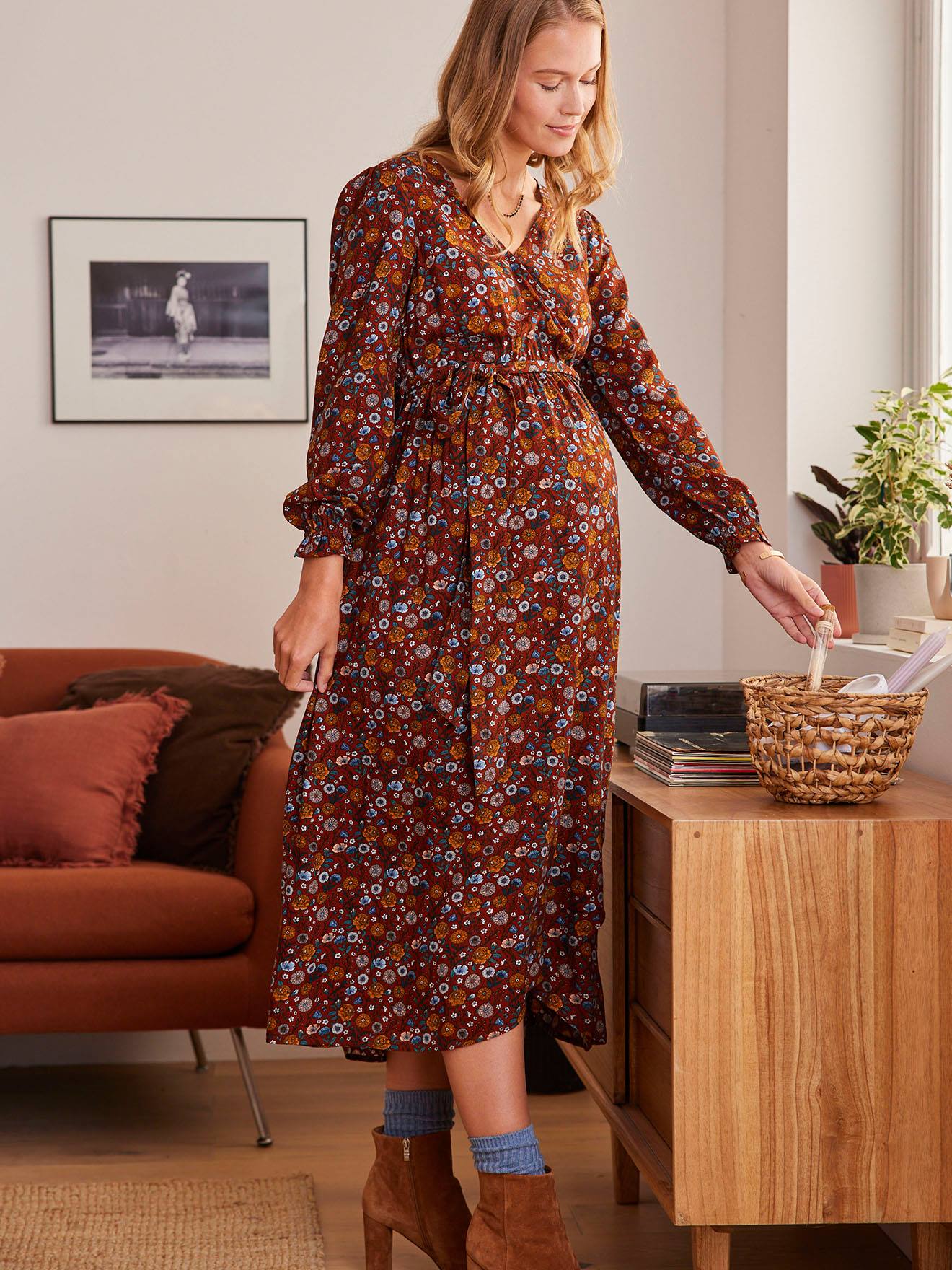 Vertbaudet Maxikleid mit Wickelausschnitt, Schwangerschaft & Stillzeit - bordeaux bedruckt