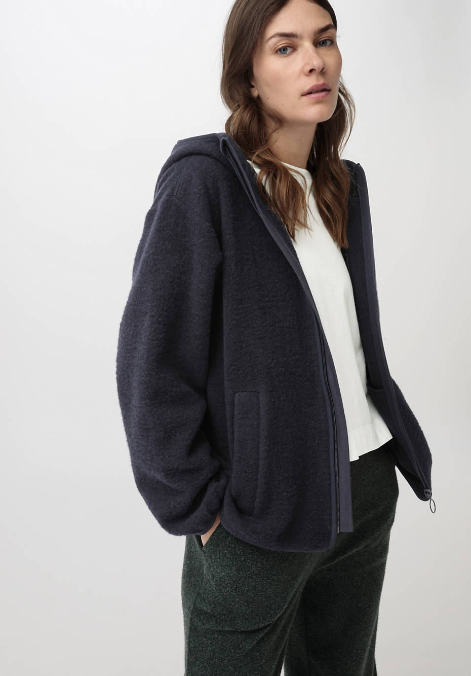 Wollfleece Jacke mit Kapuze aus reiner Bio-Merinowolle