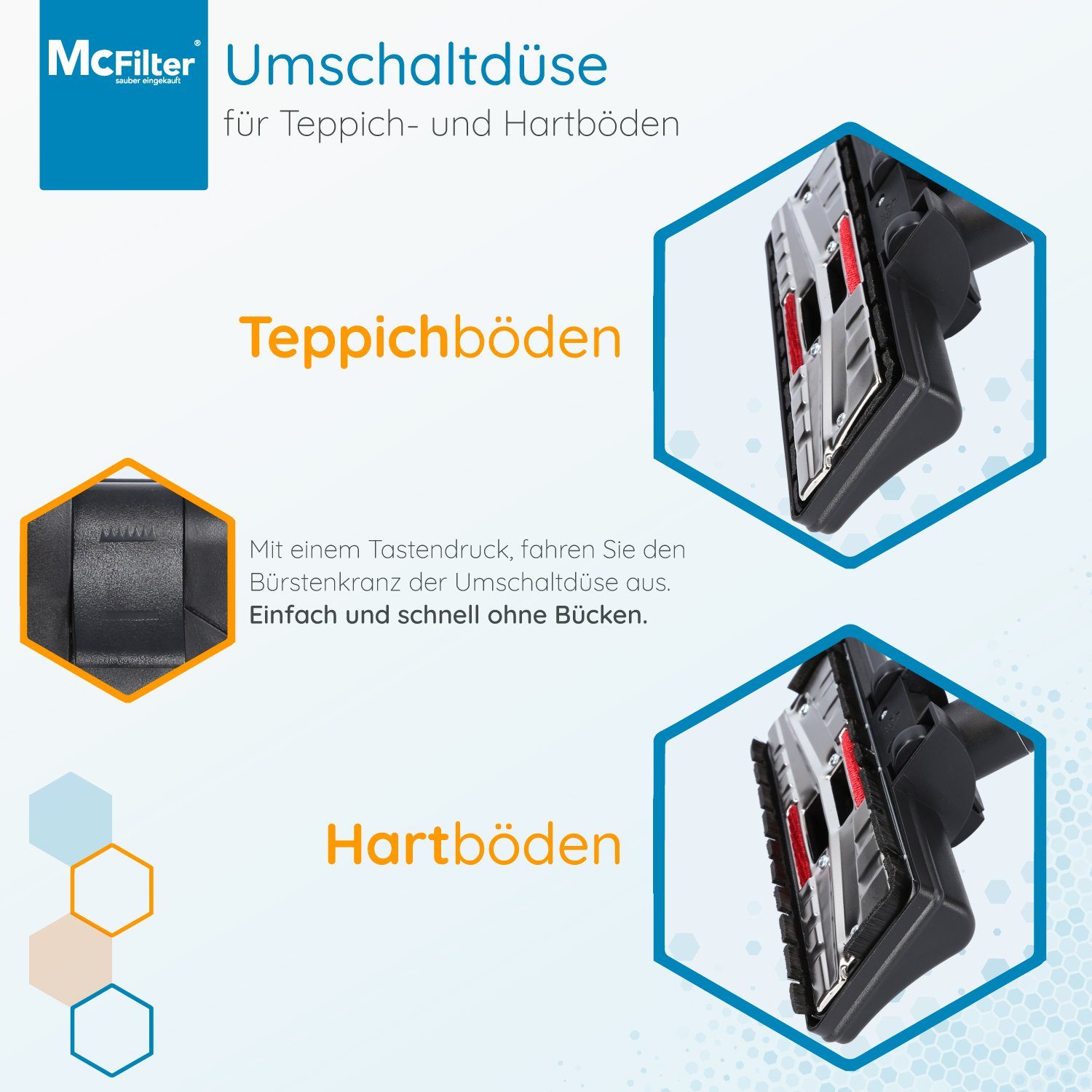 McFilter Kombidüse Universal passend für Miele Siemens Bosch Philips AEG usw., (1-tlg), Vario Verschluss (30-37 mm), Umschaltbar, 2 Rollen an Unterseite