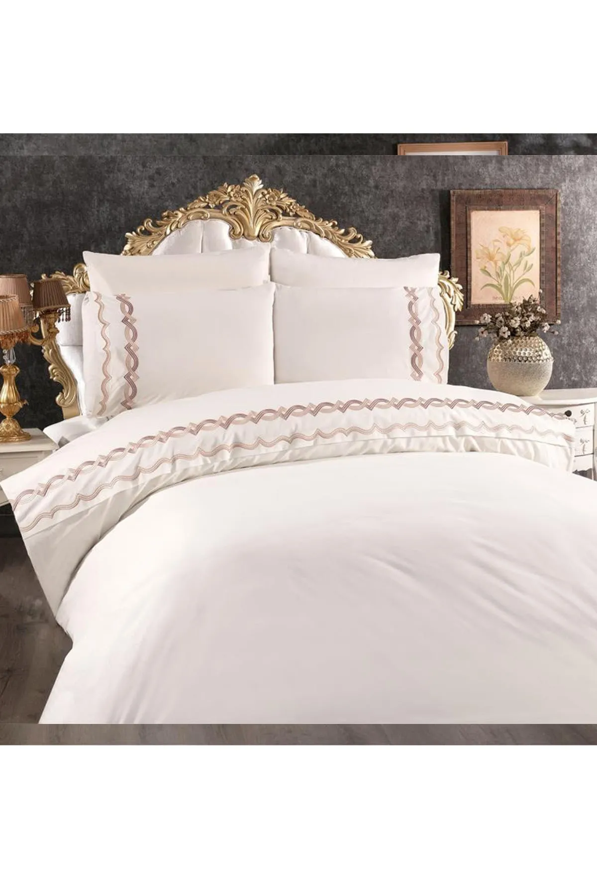 Çeyiz Diyarı  Flexi besticktes 6-teiliges Bettbezug-Set aus 100 % Baumwolle, Creme