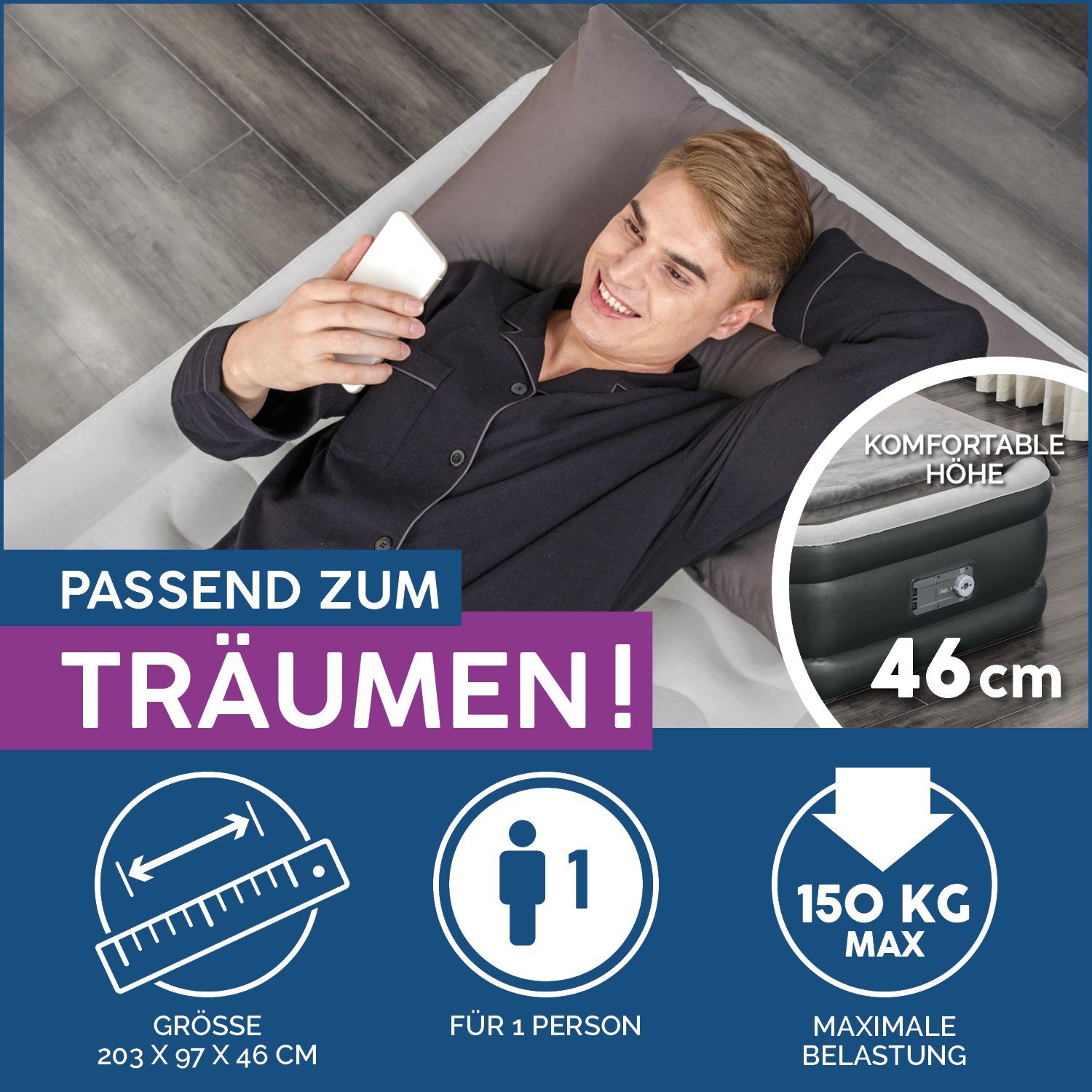 Bestway Luftbett Single 1 Person selbstaufblasend beflockt 191 x 97 x 46 cm