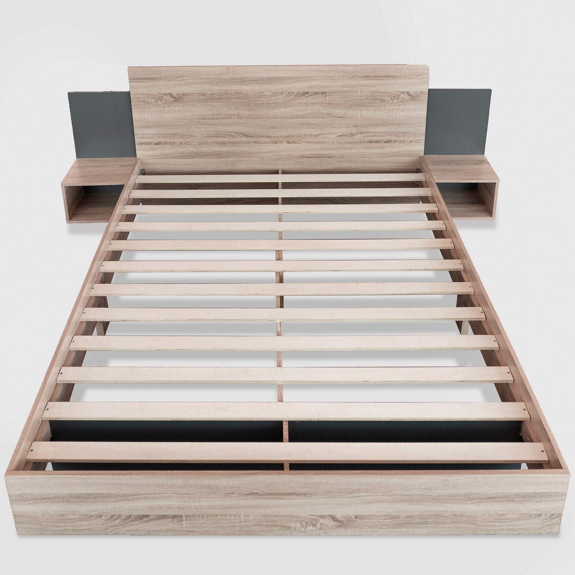 OKWISH Massivholzbett Natur Bett Solide (160x200cm mit Lattenrost ohne Matratze), mit 2 Nachtkommoden Modernes Bett inkl