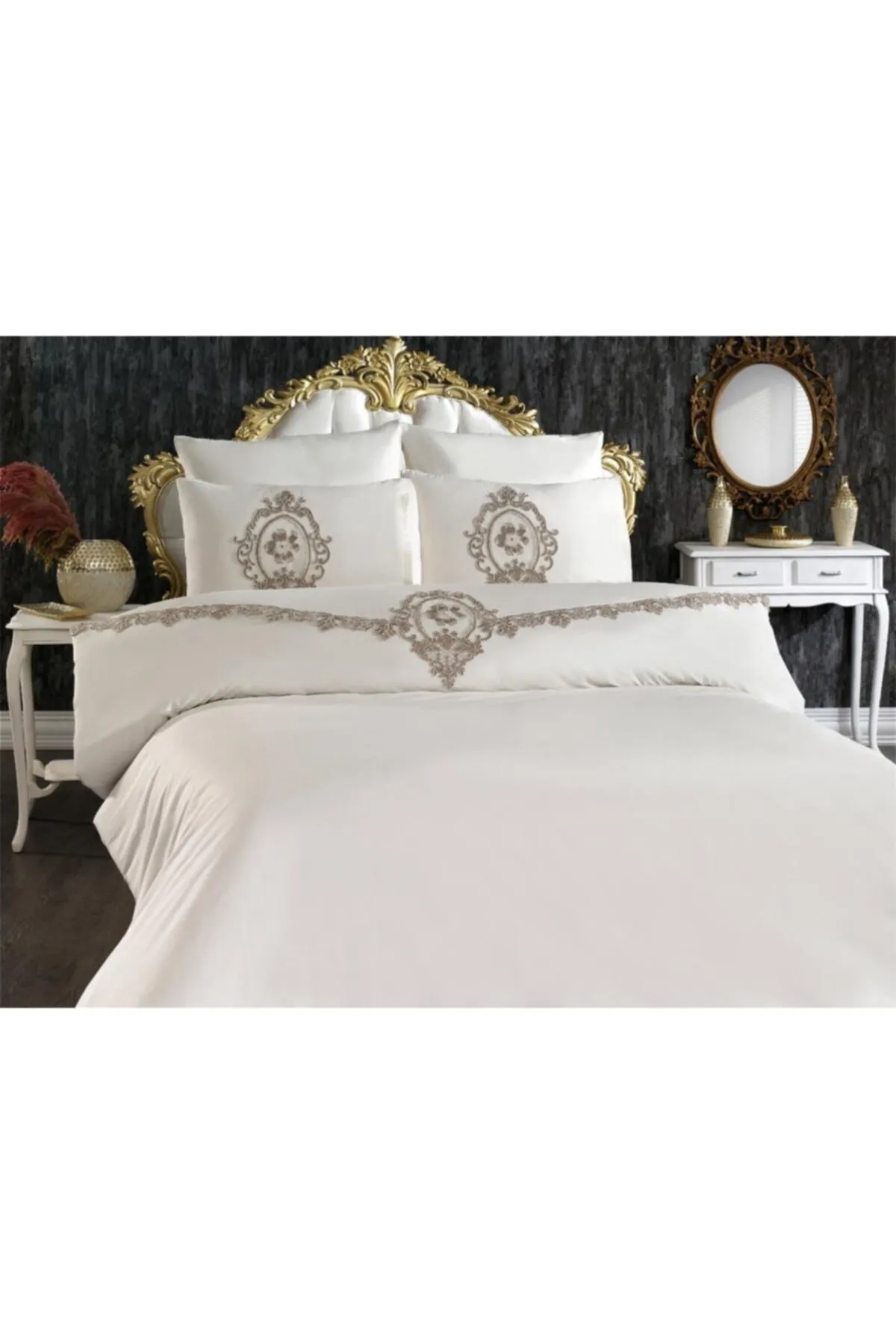 Çeyiz Diyarı  Französisches Suzi-Doppelbettbezug-Set mit Schnürung, Creme