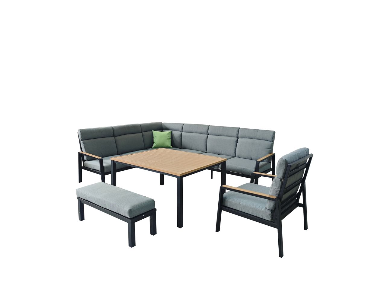 Happy Home 6 tlg. Eck-Lounge Set HGS55-GRA mit hoher Rückenlehne, Sitzkissen, grau & Holzoptik