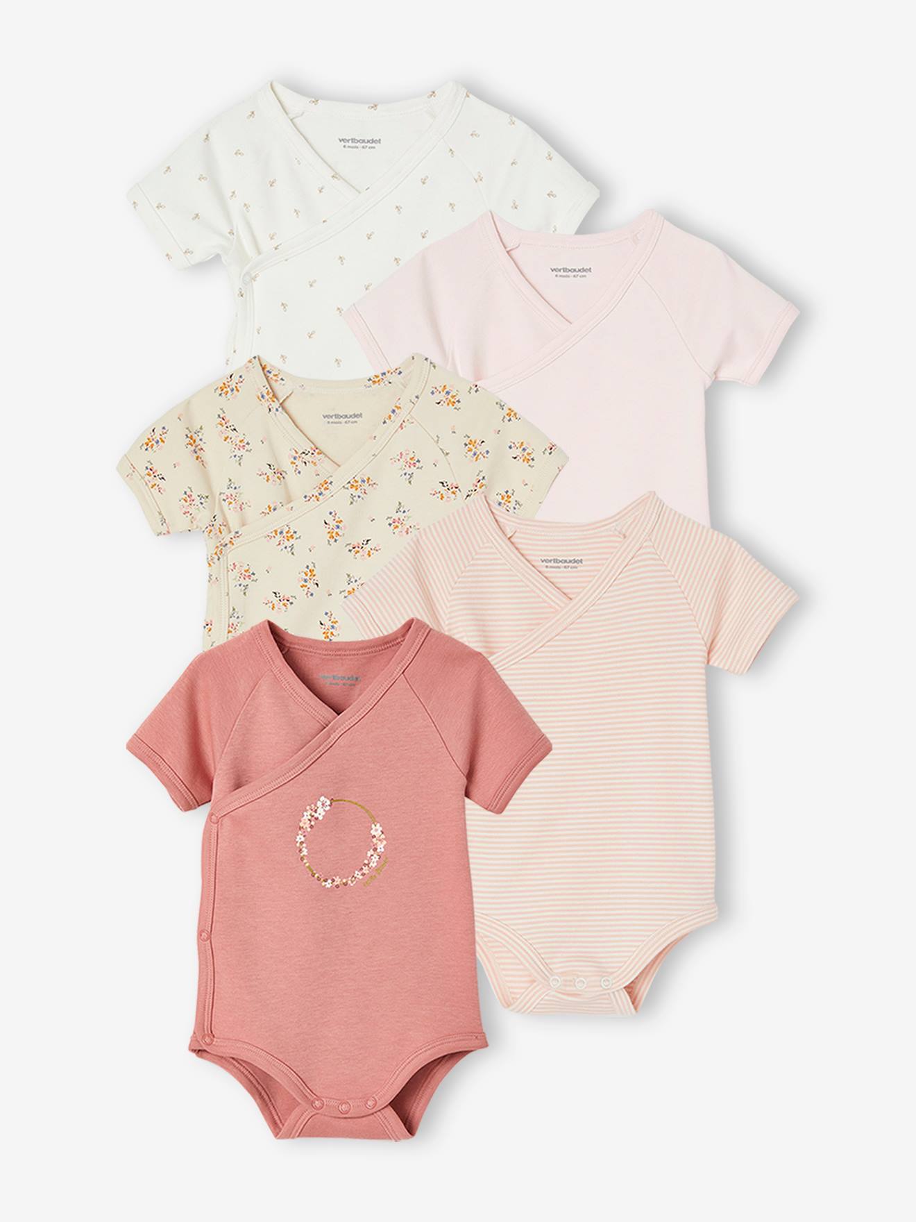 Lot de 5 bodies manches courtes bébé ouverture naissance rose pâle