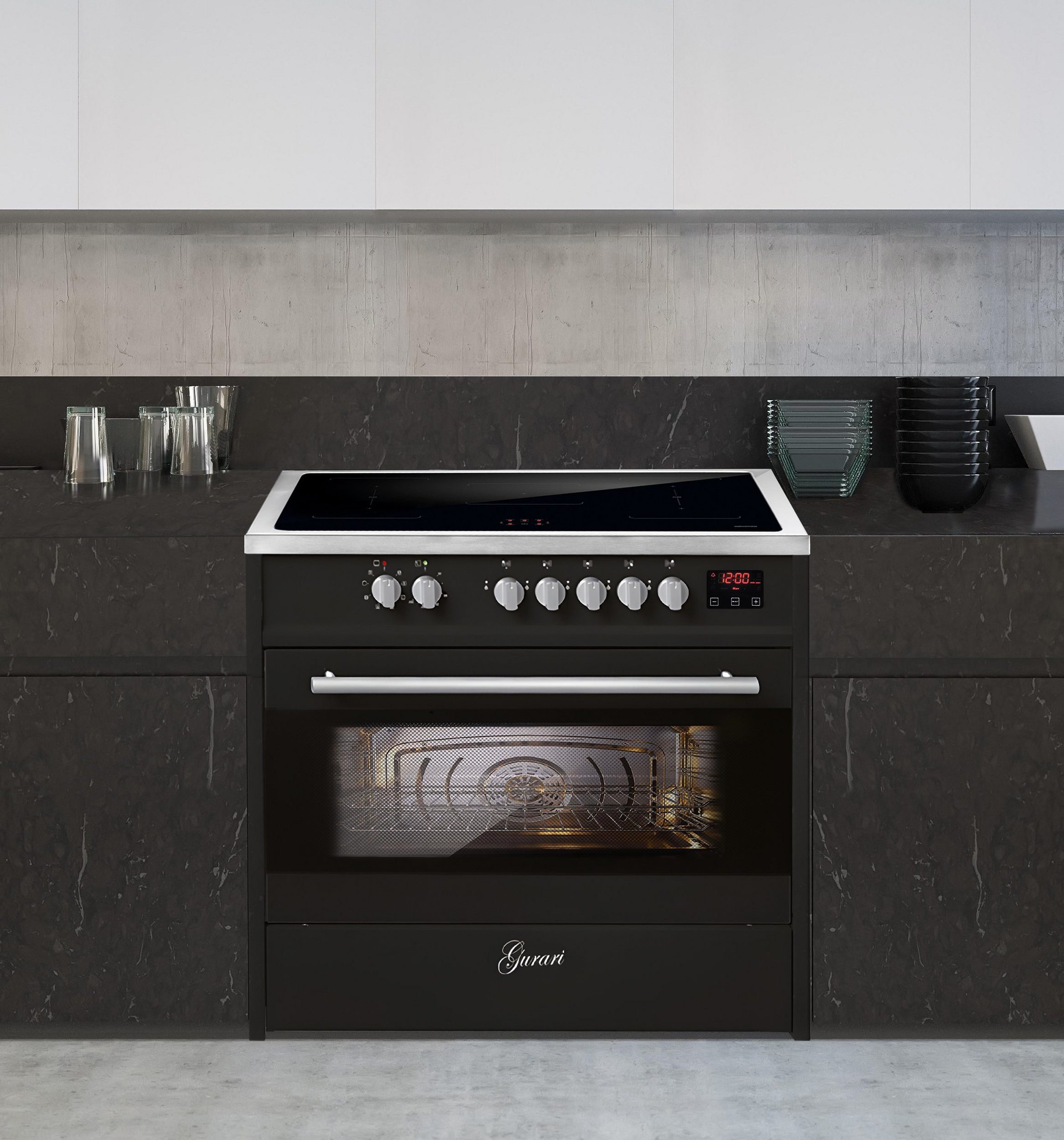 GURARI Induktions-Standherd E 913 BL+Grillplatte, Range Cooker 90 cm/ FLEX ZONEN/ Booster/ 5 Zonen / 121L