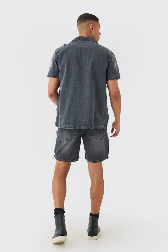 Zerrissene lockere Patchwork Jeansshorts in Grau