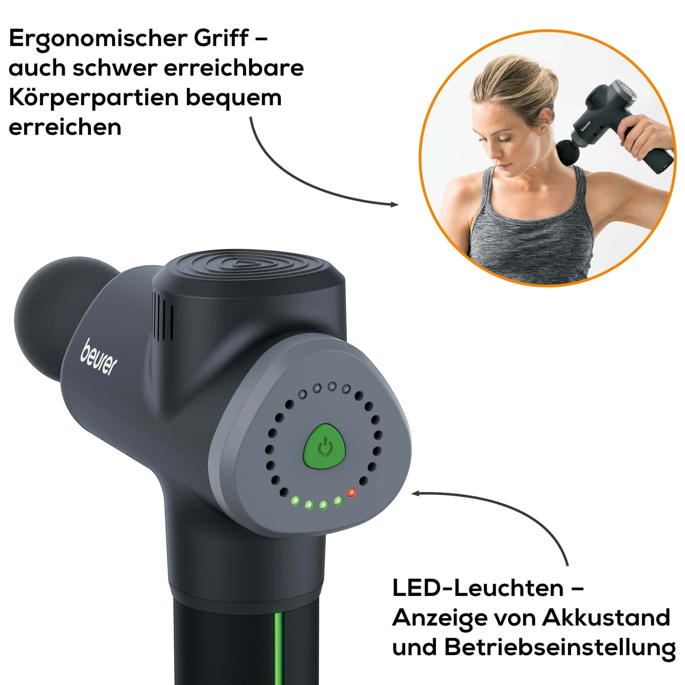Beurer MG 180 MASSAGE GUN Muskelmassagegerät-Massage Gun zur gezielten Muskelmassage mit 6 Aufsätzen