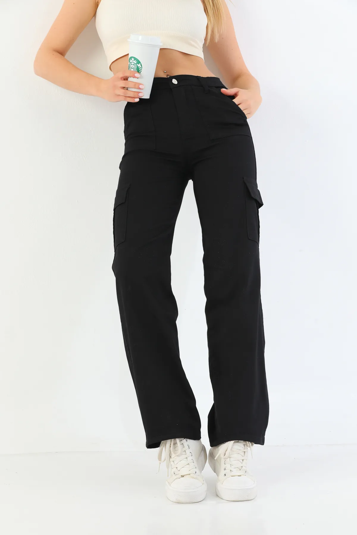 BİKELİFE  Schwarze Lycra-Hose mit hoher Taille und weitem Bein und Cargotaschen