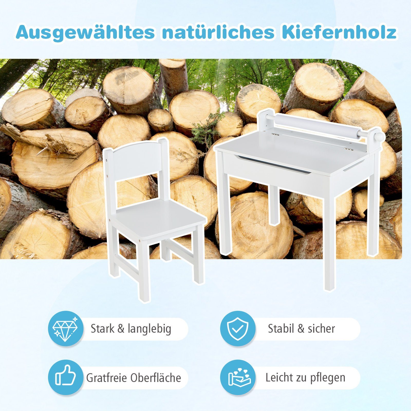 COSTWAY Kinderschreibtisch, mit Papierrollenhalter & Stuhl