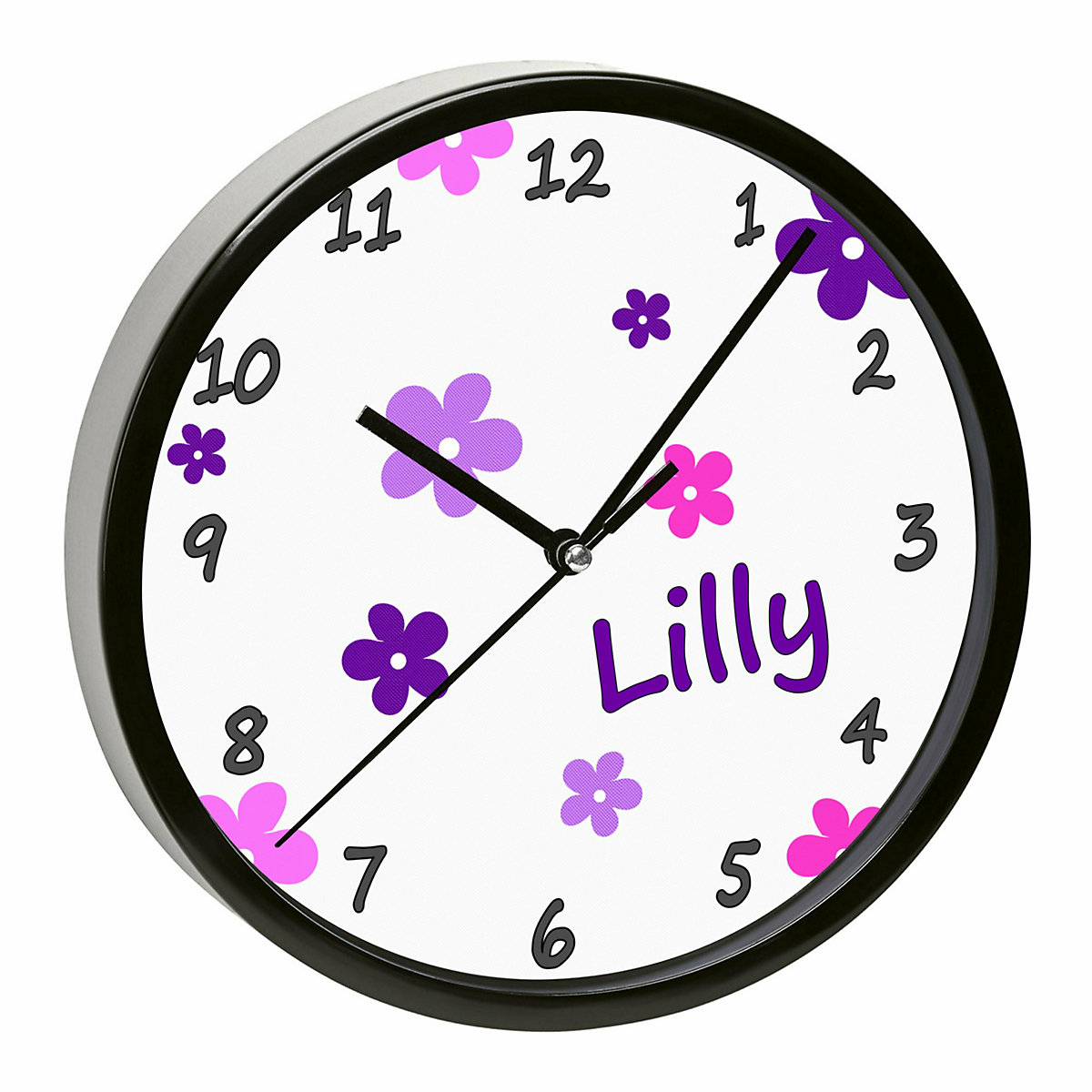 Kinder Wanduhr personalisiert mit Name Blumen Pink-Lila