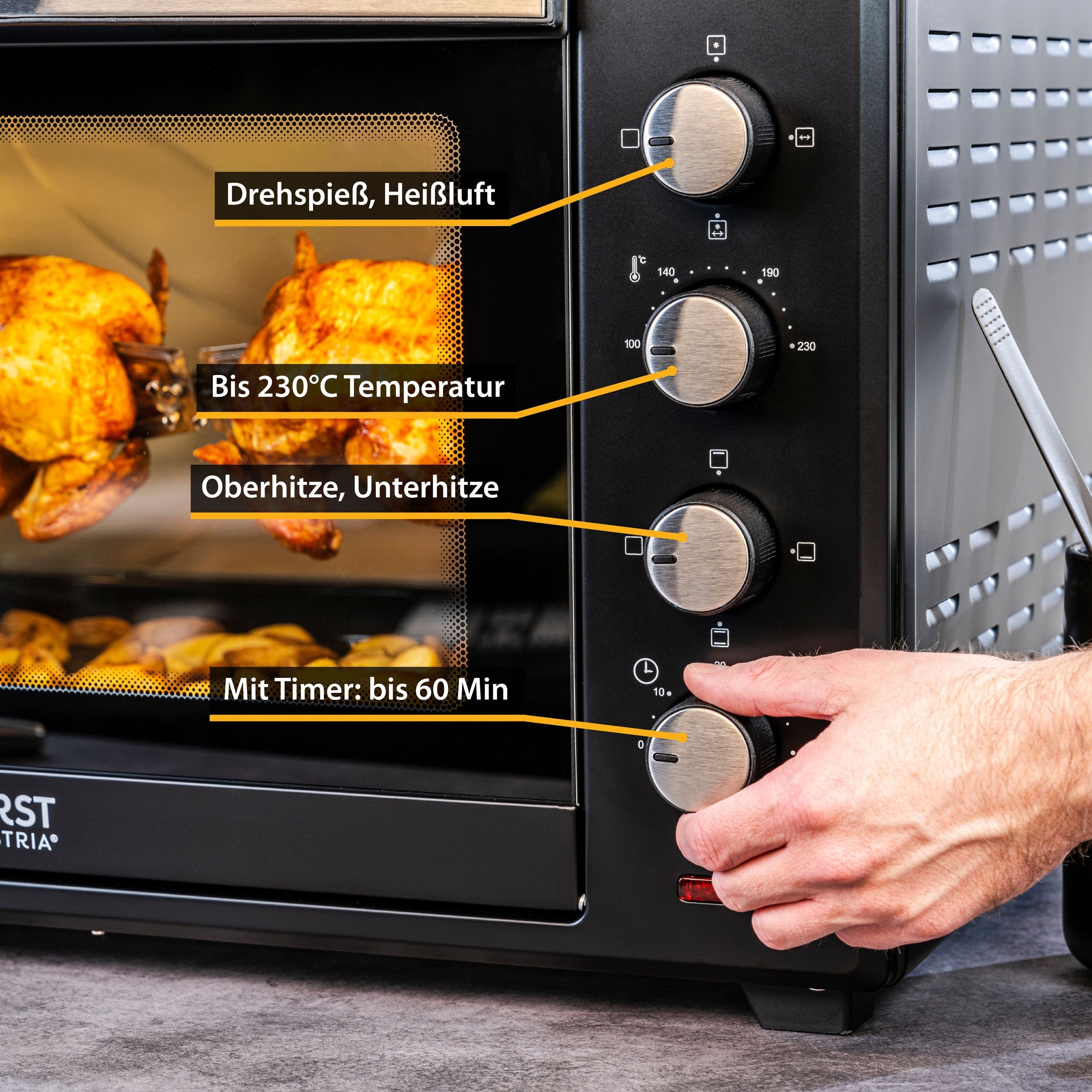 TZS FIRST AUSTRIA Minibackofen Mini-Backofen mit Umluft 45L, 2000W, Kochen, Backen, Hähnchengrill, Temperaturregler 100-230°, energieeffizient, Miniküche, Camping