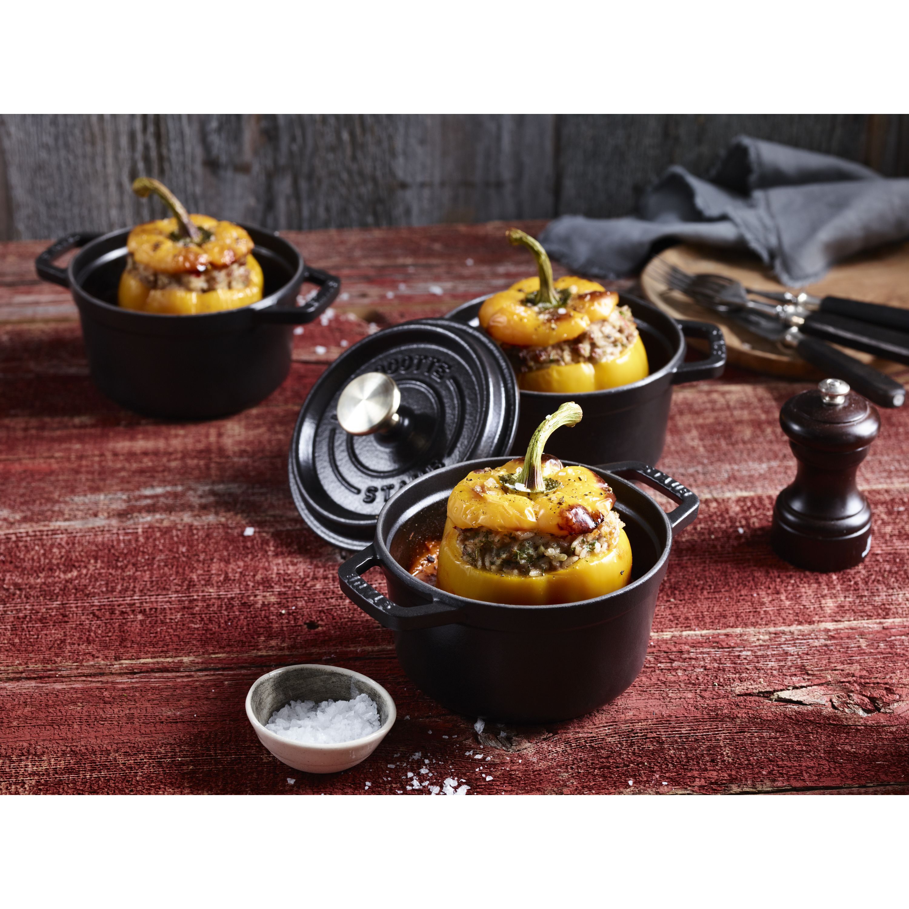 Cocotte 12 cm, rund, Schwarz, Gusseisen