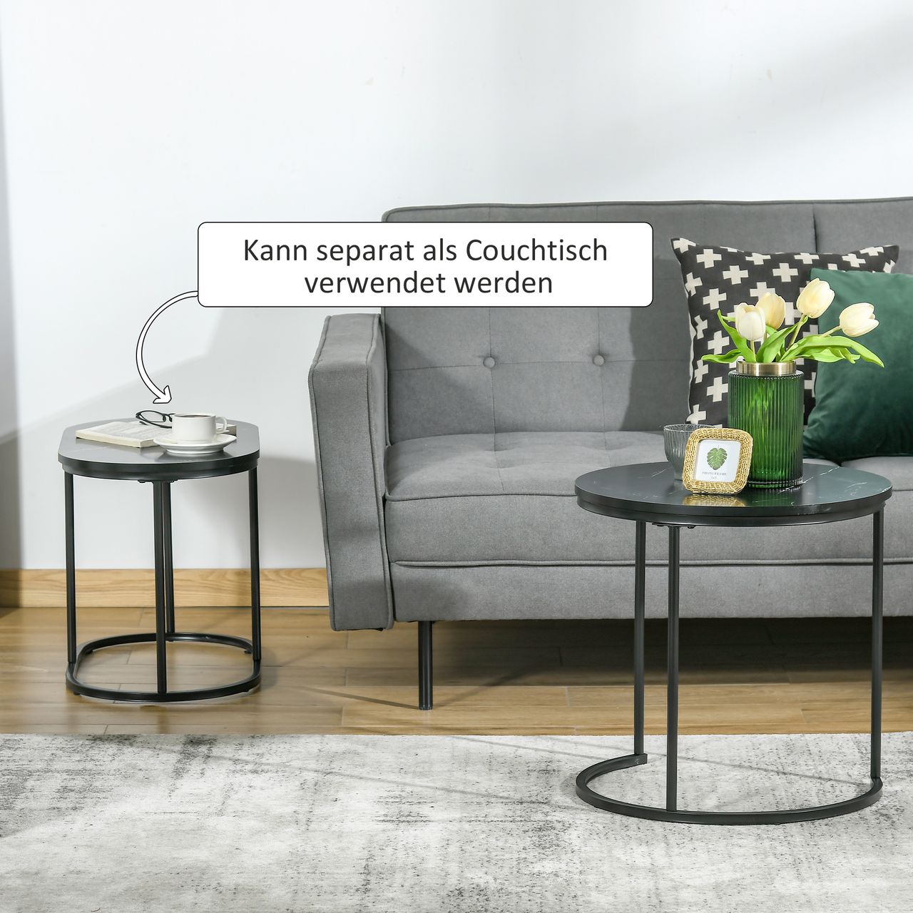 HOMCOM 2er Set Couchtisch Satztisch Rund mit Faux Marmor Seite bis 30 kg Schwarz