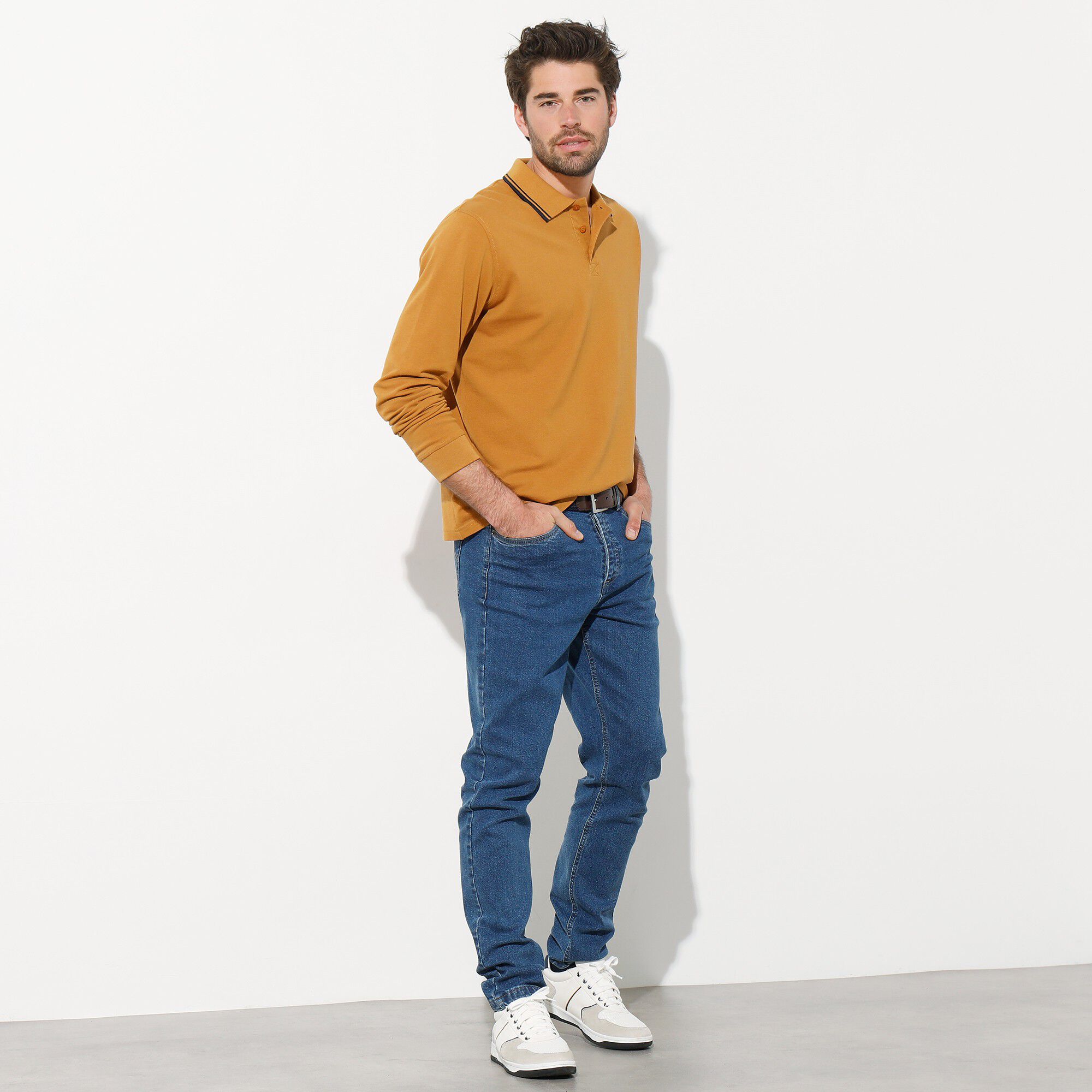 Polo uni maille piquée manches longues