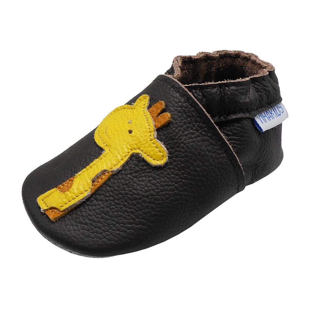 Yalion Weiche Leder Lauflernschuhe Hausschuhe Lederpuschen Giraffe Schwarz Krabbelschuh