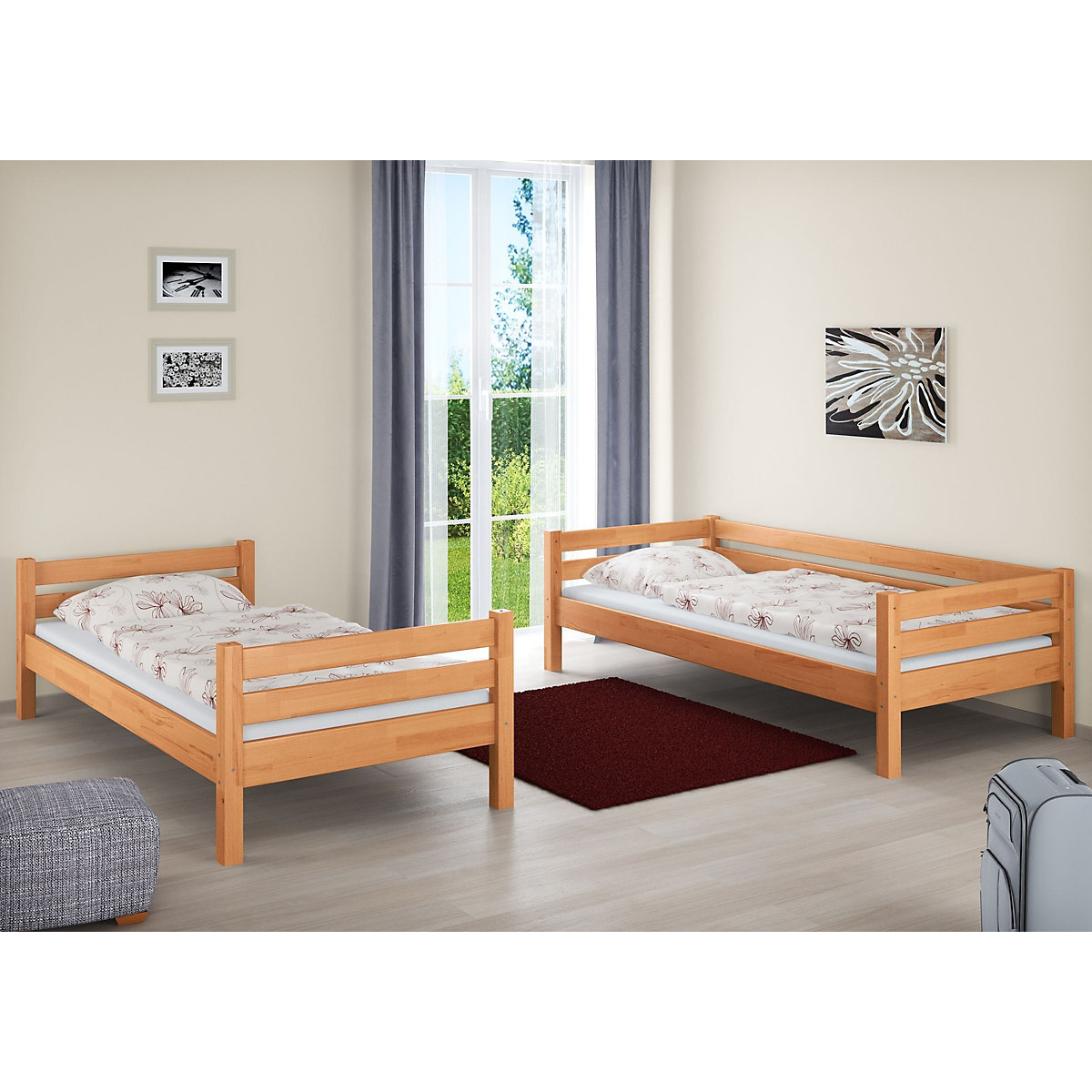 Etagenbett 90x200 Buche natur mit Rollrosten und Matratzen