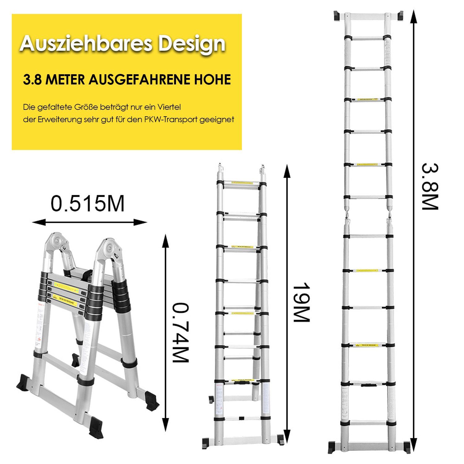 Lospitch Teleskopleiter Teleskopleiter Alu 1.9+1.9m Ausziehleiter Anlegeleiter Silber