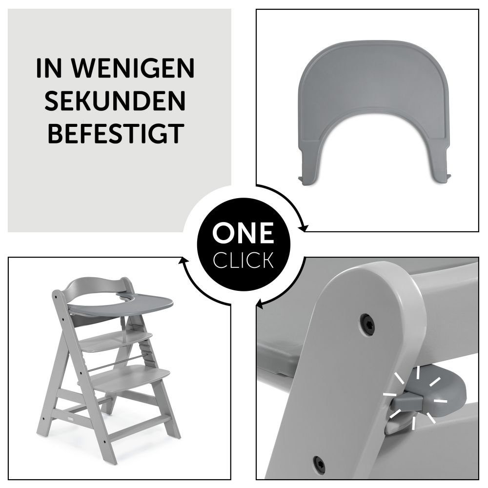 Hauck Hochstuhl Alpha Plus Grau (3 St), Holz Kinderhochstuhl mit Tablett Click Tray & Sitzauflage verstellbar