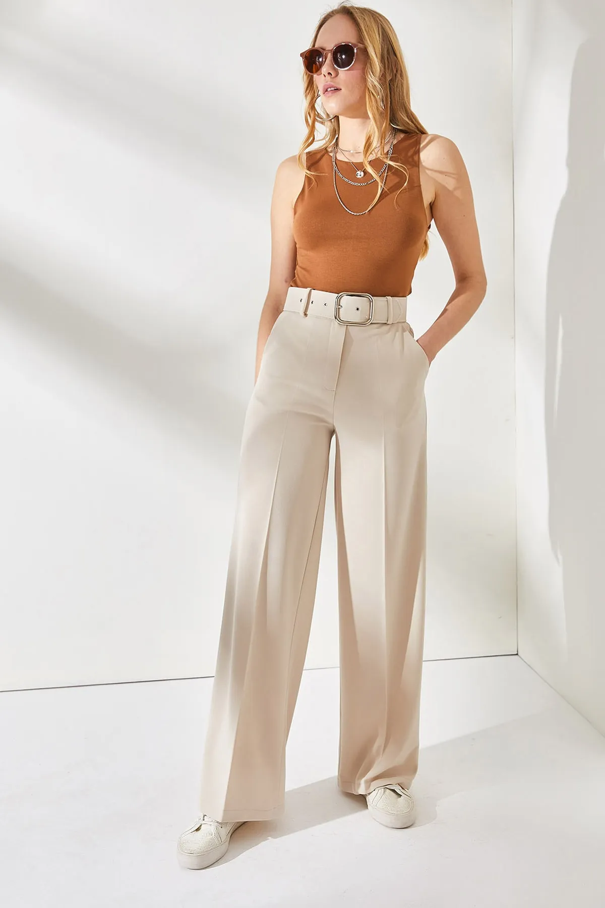 Olalook  Damen-Palazzo-Hose aus Scuba-Krepp mit Steinschnalle und Gürtel, PNT-19000208