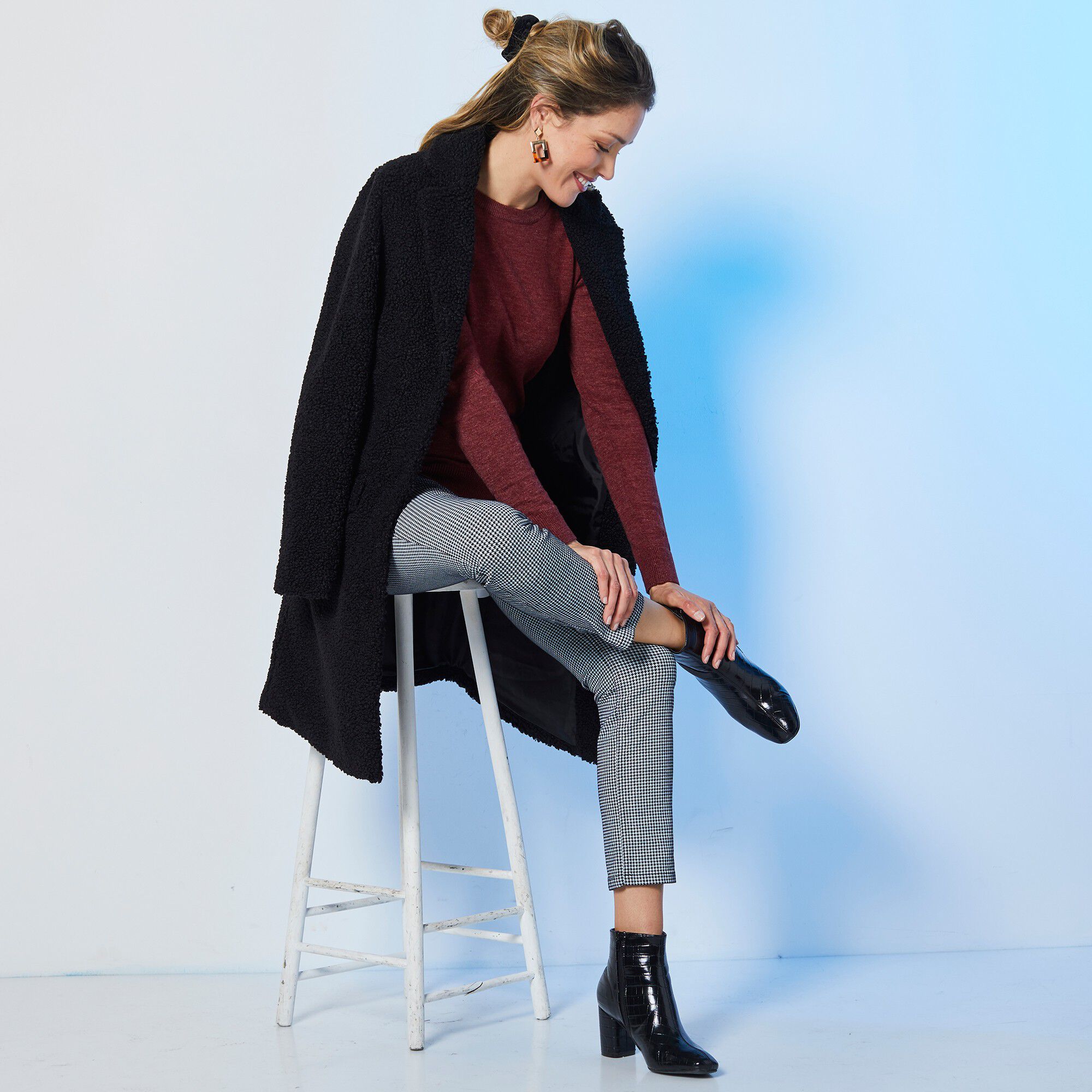 Manteau maille bouclette col tailleur