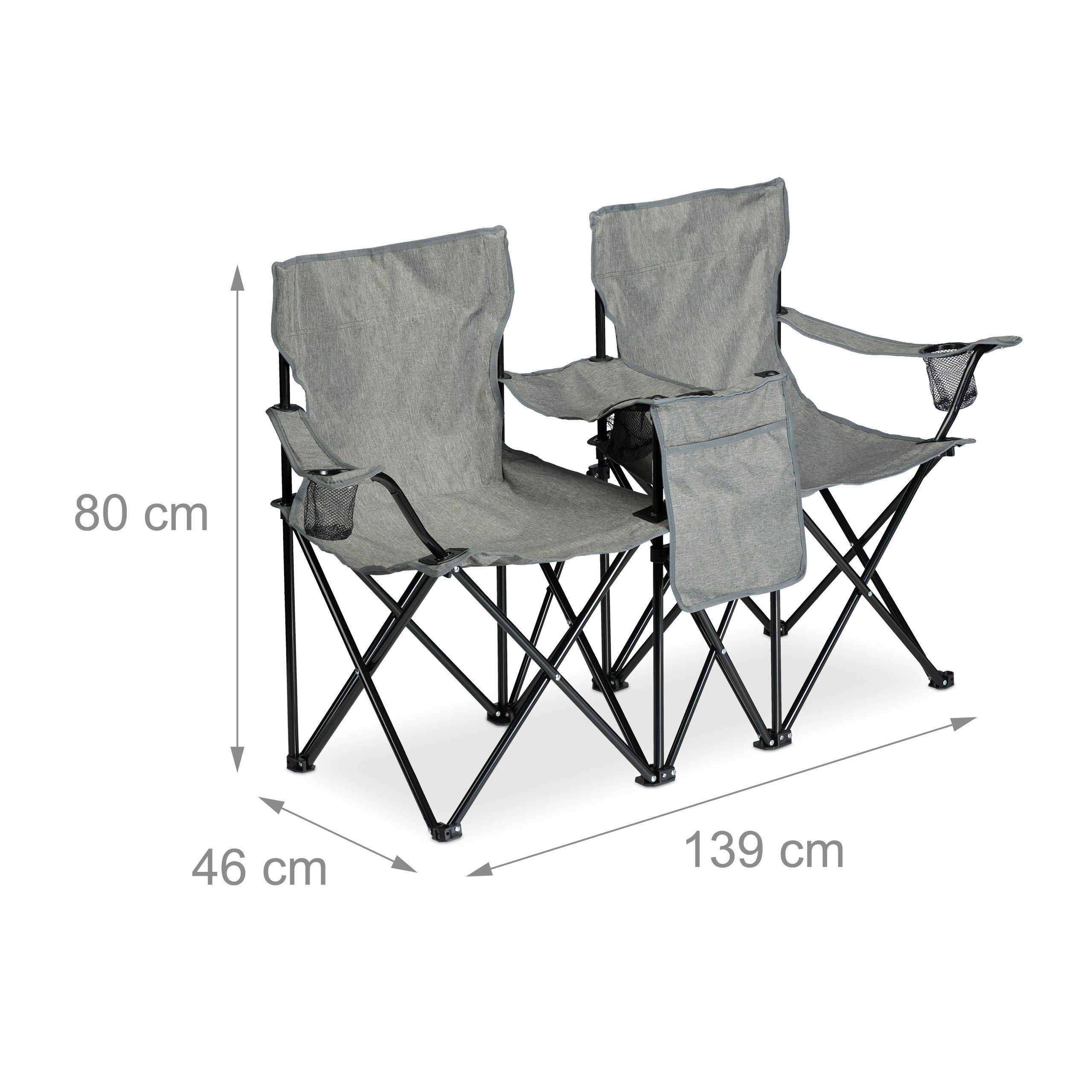 relaxdays Campingstuhl Doppel Campingstuhl mit Getränkehaltern, Grau