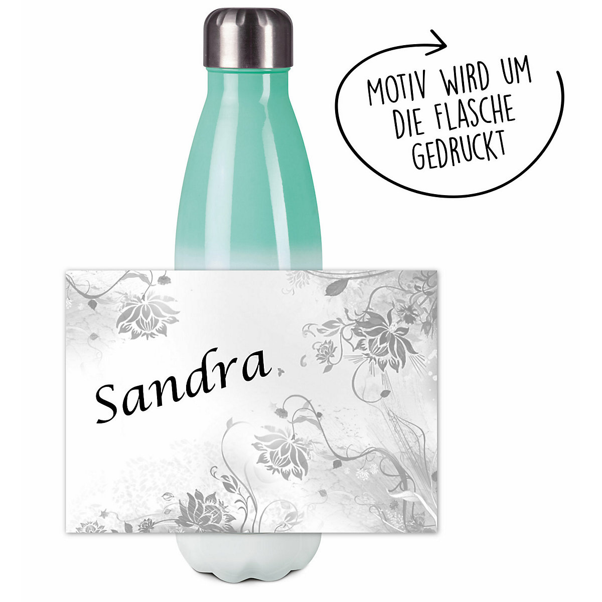 Edelstahl Kinder Thermoflasche / Trinkflasche bunt Blumenranke Farbe grau Spülmaschinenfest, Auslaufsicher, Bruchfest, Doppelwandig, Für Heißgetränke geeignet, Mit Deckel, Isoliert
