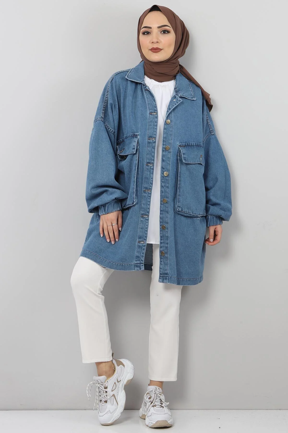 Tesettür Dünyası  Jeansjacke mit elastischen Ärmeln Tsd0088 Hellblau