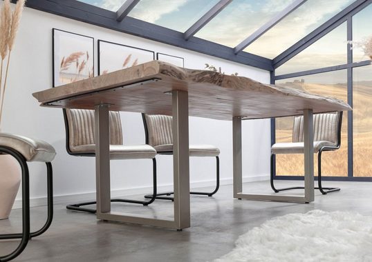 Massivmoebel24 Baumkantentisch FREEFORM (150x100x78 Akazie, Esstisch mit echter Baumkante Massiv, Modern), Echte Baumkante, Natürliche Risse und Unebenheiten