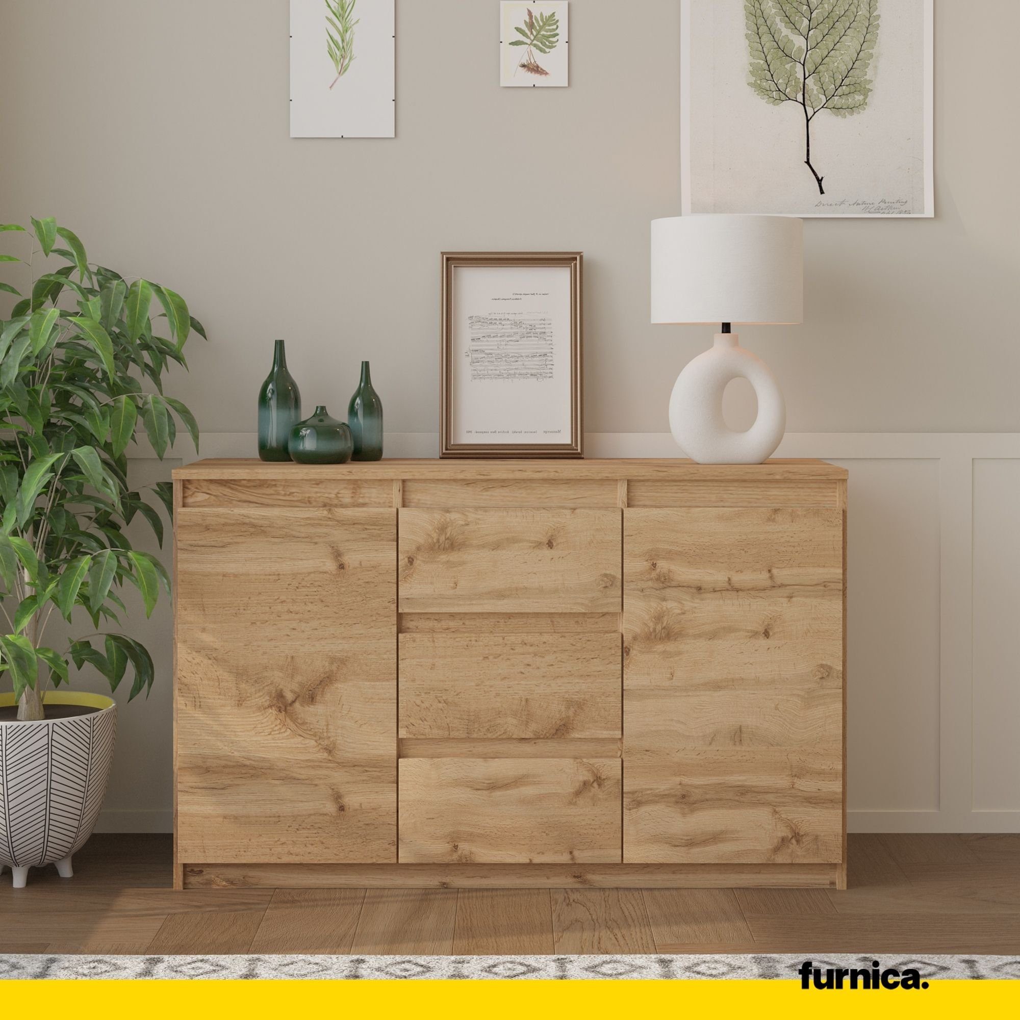 Furnica Kommode MIKEL, 3 Schubladen und 2 Türen - Votan Eiche H75cm B120cm T35cm (1 St)