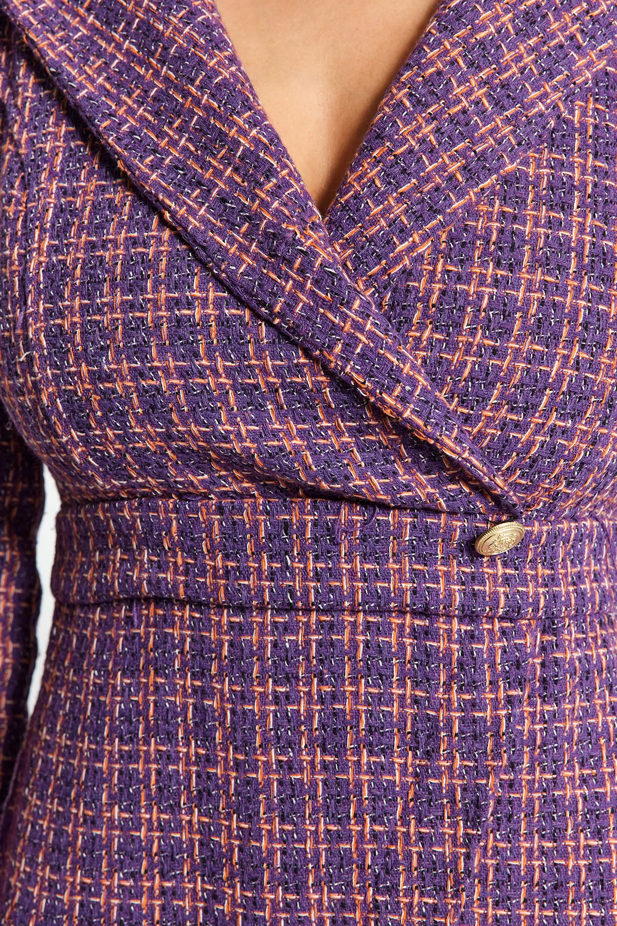 Trendyol Collection  Lilafarbenes zweireihiges Tweed-Webkleid TWOAW24EL00339