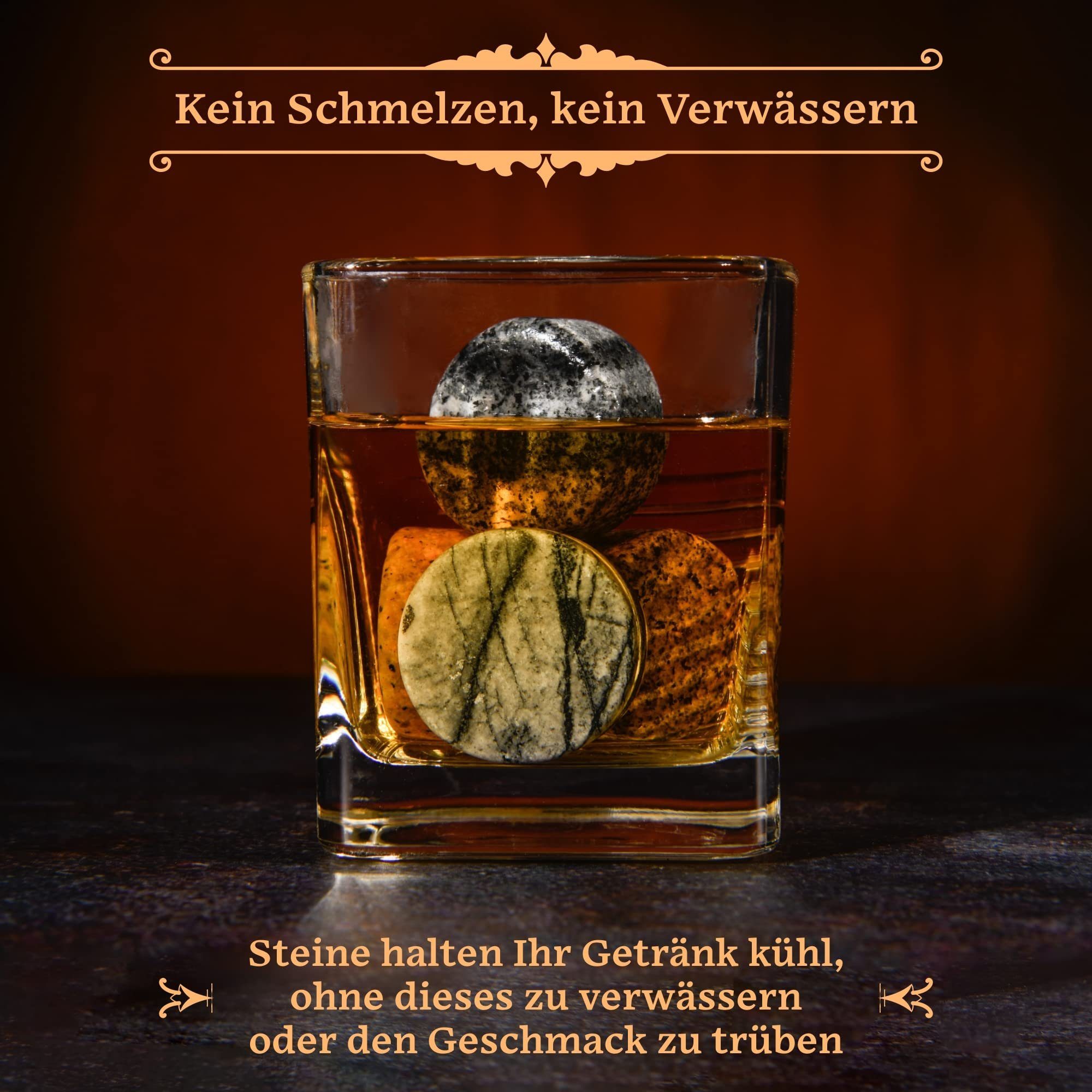 GOURMEO Whiskyglas Whiskey Steine Set: 6 Marmor, 3 Granit, Holzpräsentationsschale, Holz, Whiskey Steine Set: 6 Marmor und 3 Granit mit Holzpräsentationsschale