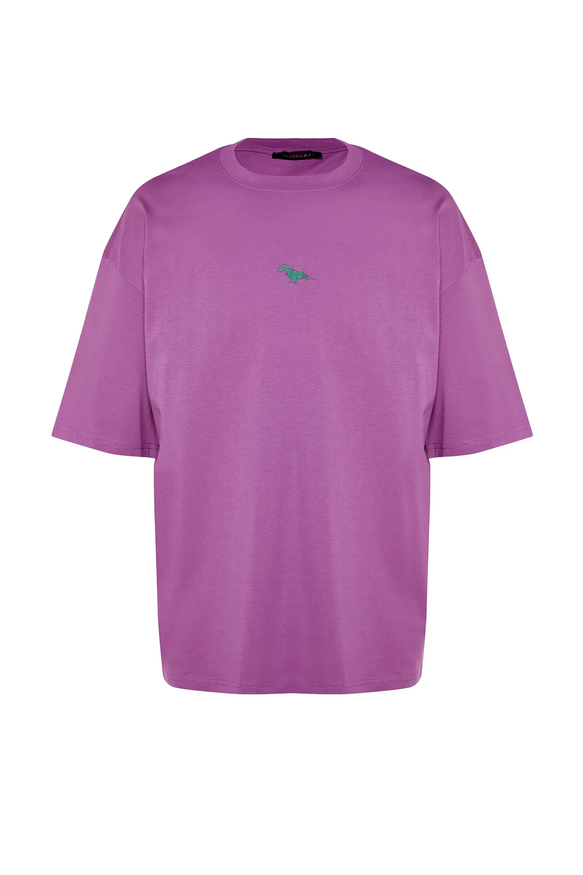 Trendyol Collection  Pflaumenfarbenes, übergroßes/weit geschnittenes T-Shirt mit Dinosaurier-Stickerei, kurzärmlig, 100 % Baumwolle TMNSS23TS00243