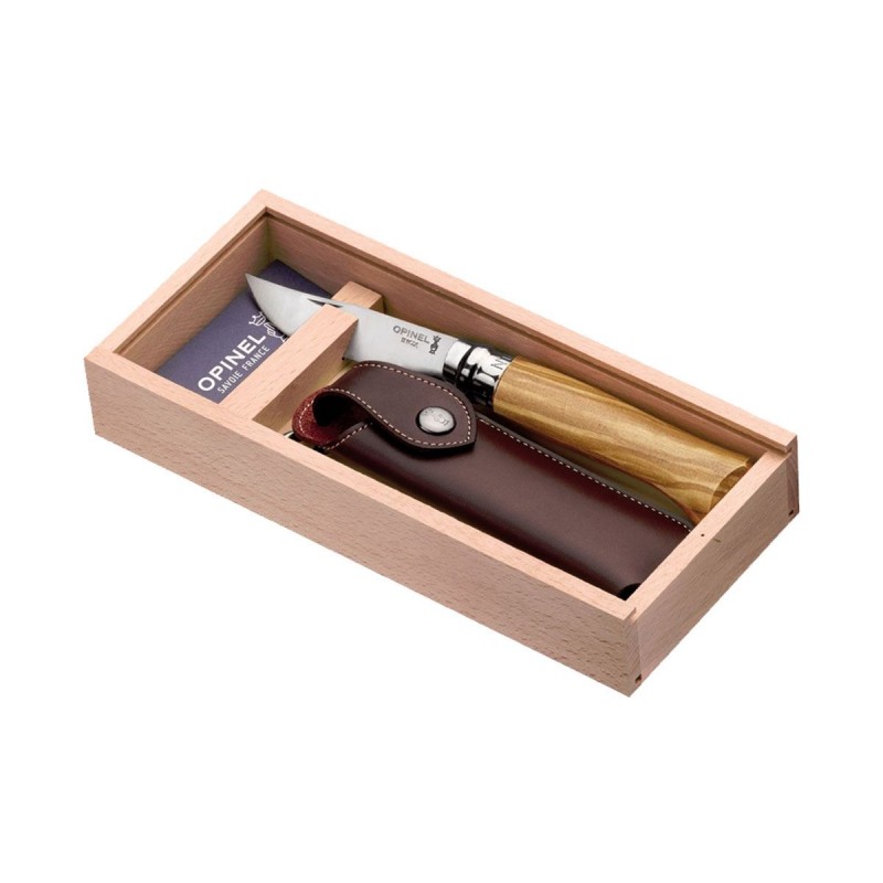 Opinel Messer Nr. 8 Inox mit Olivenholzgriff, Scheide und Holzkiste.
